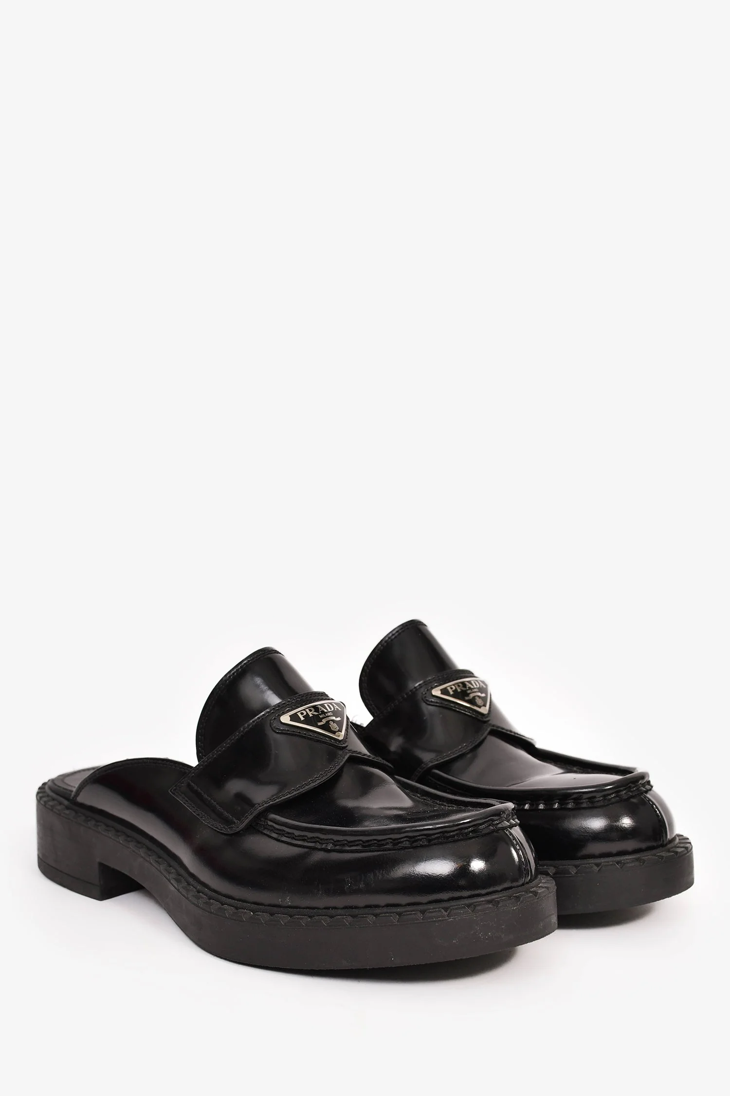 Prada Black Brushed Leather Plaque Mule Loafers Size 6 Mens - Image 2