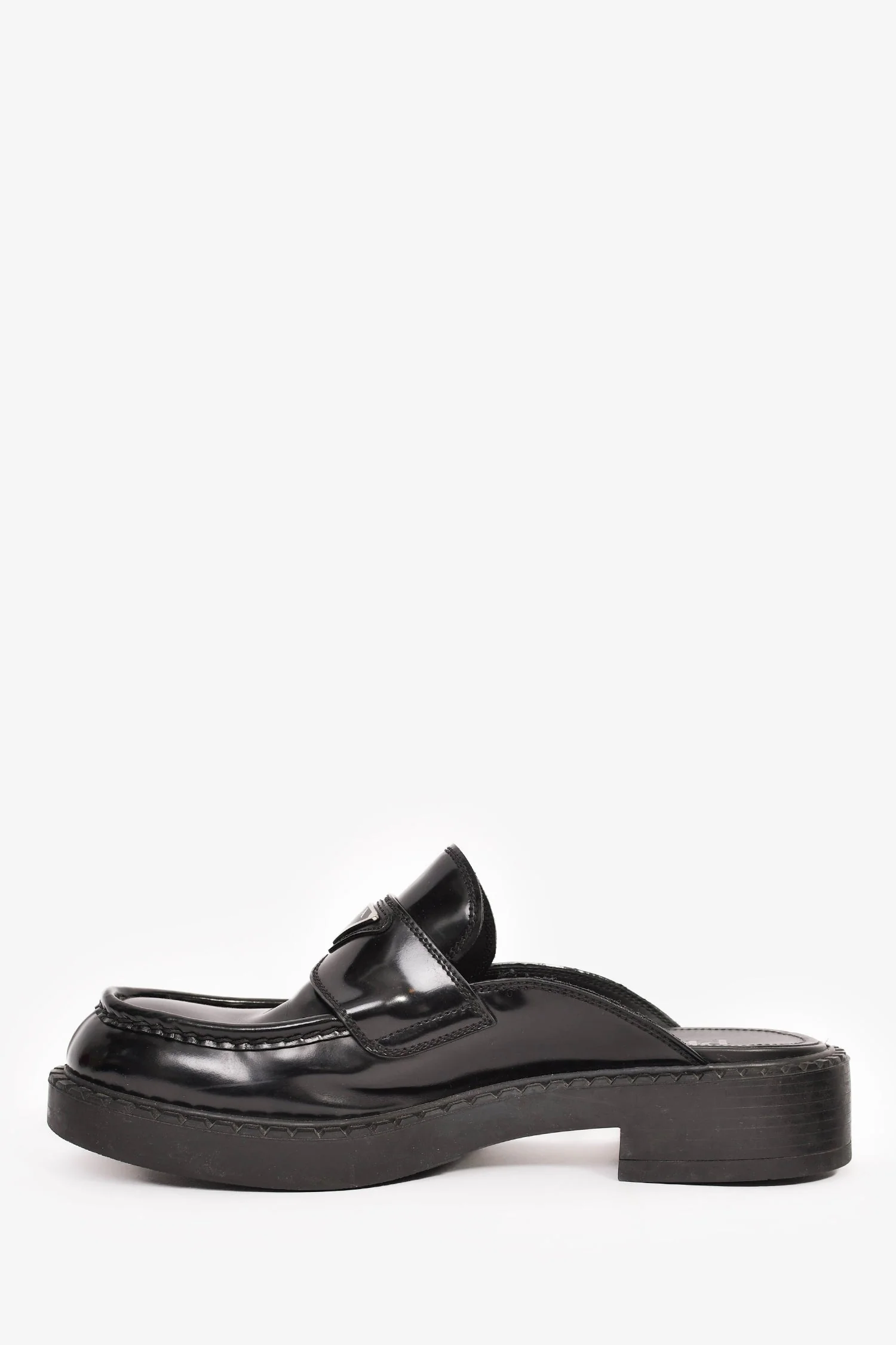 Prada Black Brushed Leather Plaque Mule Loafers Size 6 Mens - Image 4