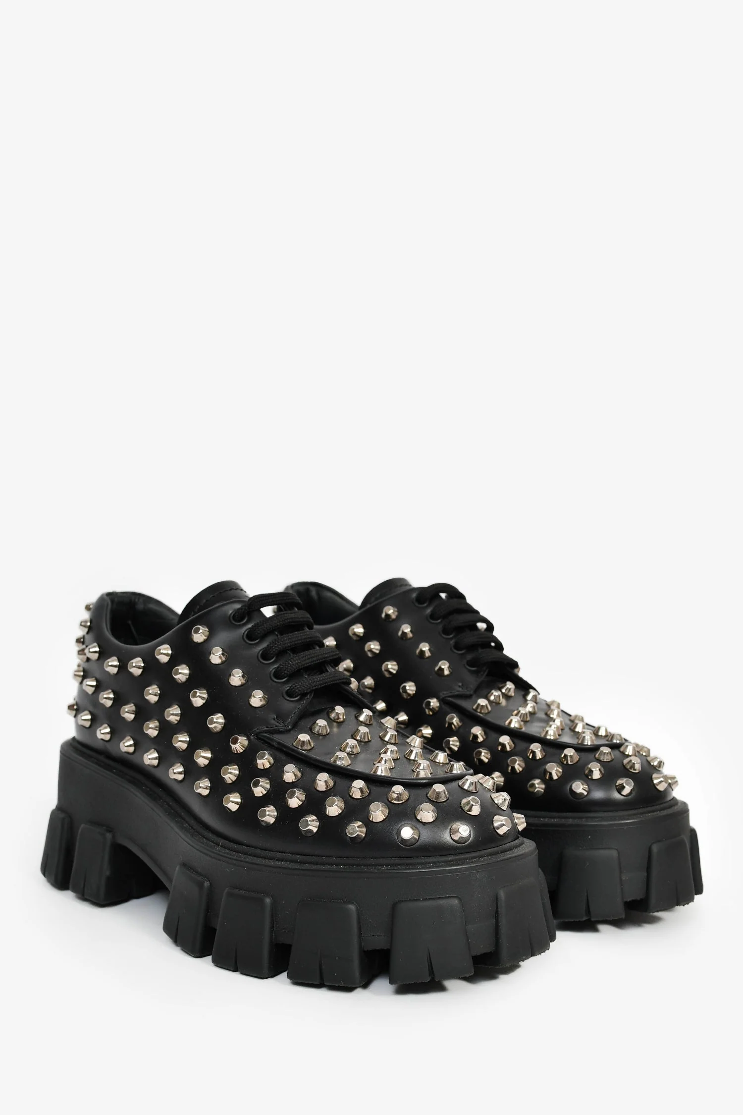 Prada Black Brushed Leather Studded Platform Loafers Size 35 - Image 2