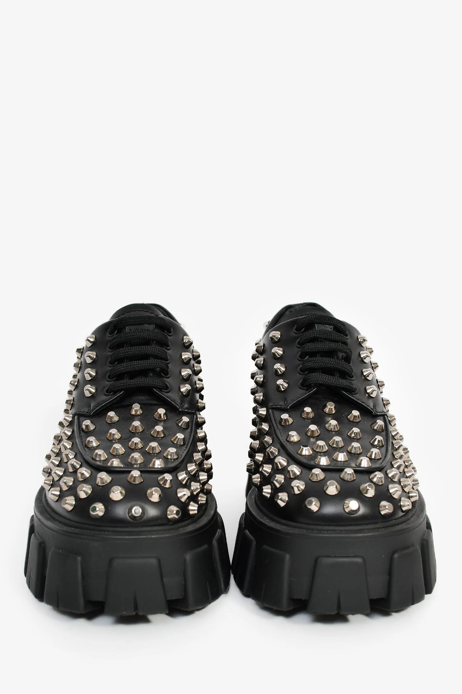 Prada Black Brushed Leather Studded Platform Loafers Size 35 - Image 3