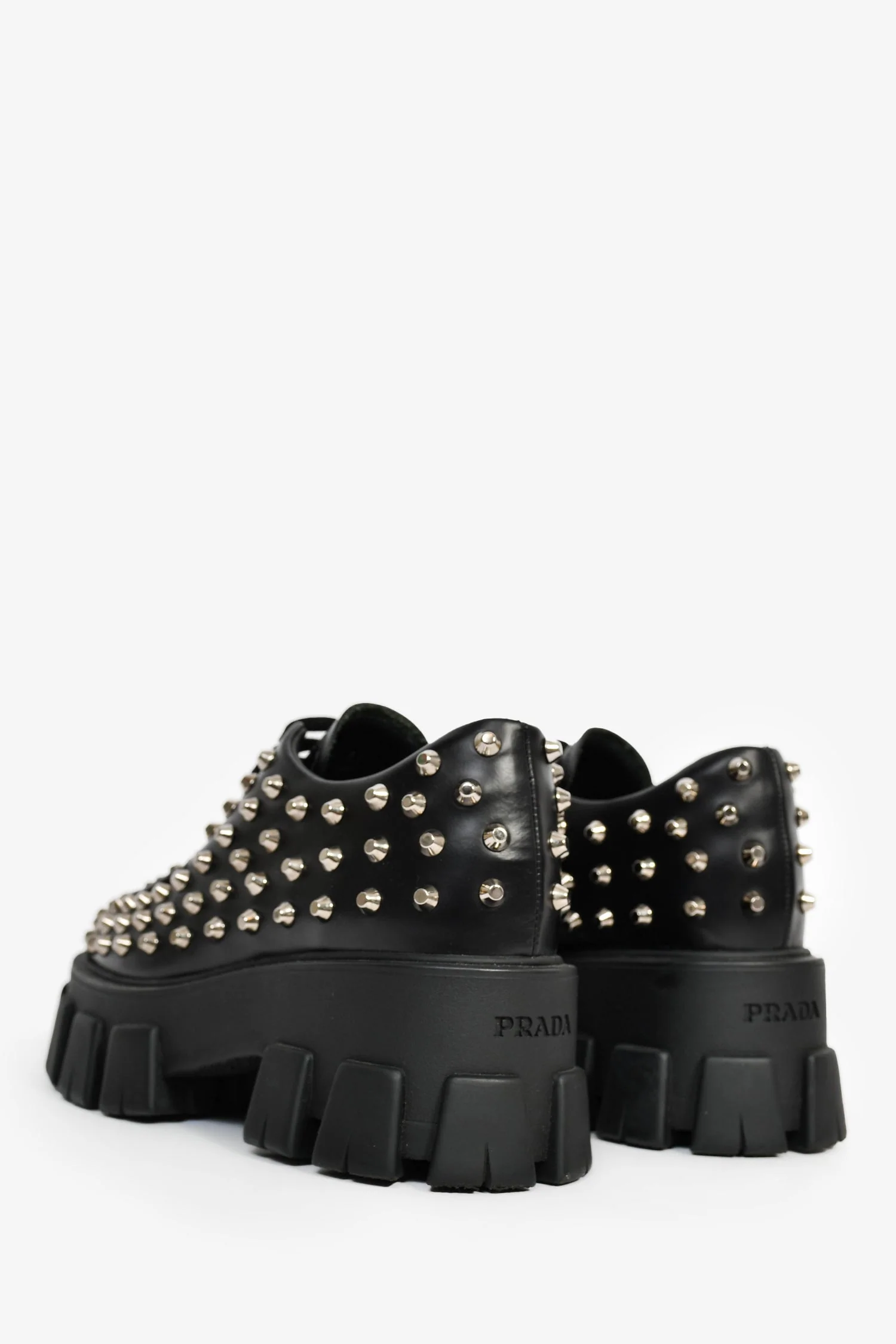 Prada Black Brushed Leather Studded Platform Loafers Size 35 - Image 4