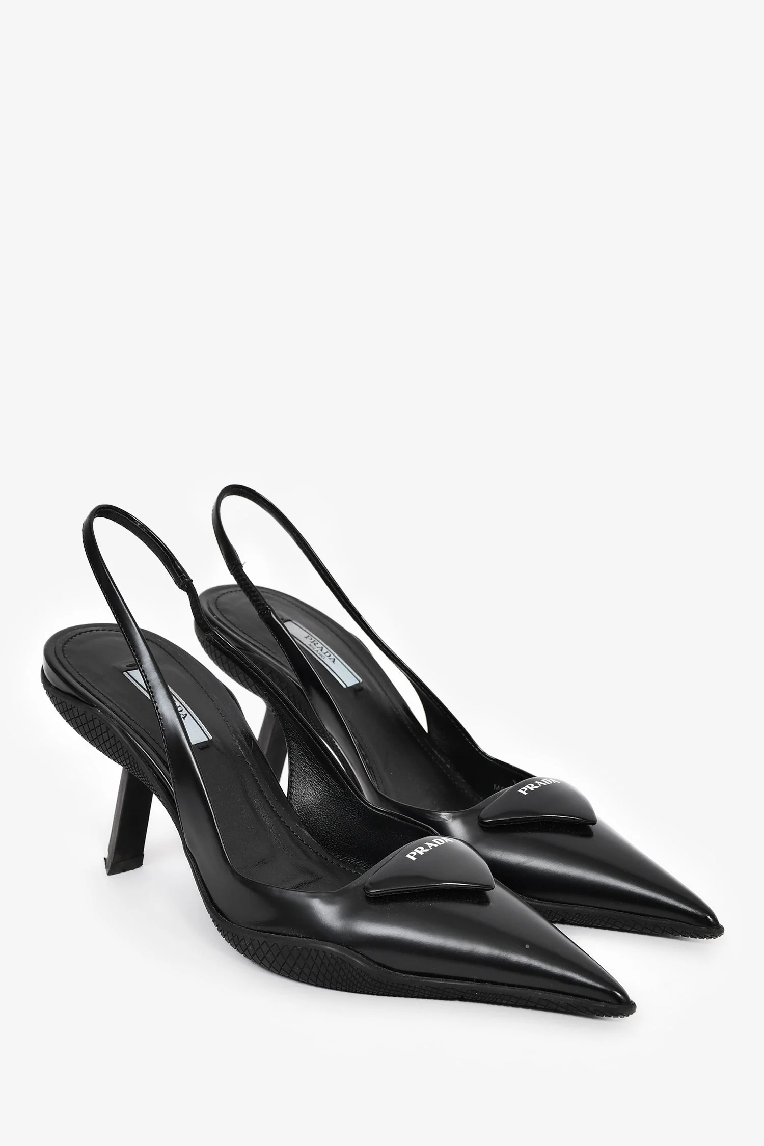 Prada Black Leather Logo-Plaque Slingback Heels Size 38.5 - Image 2
