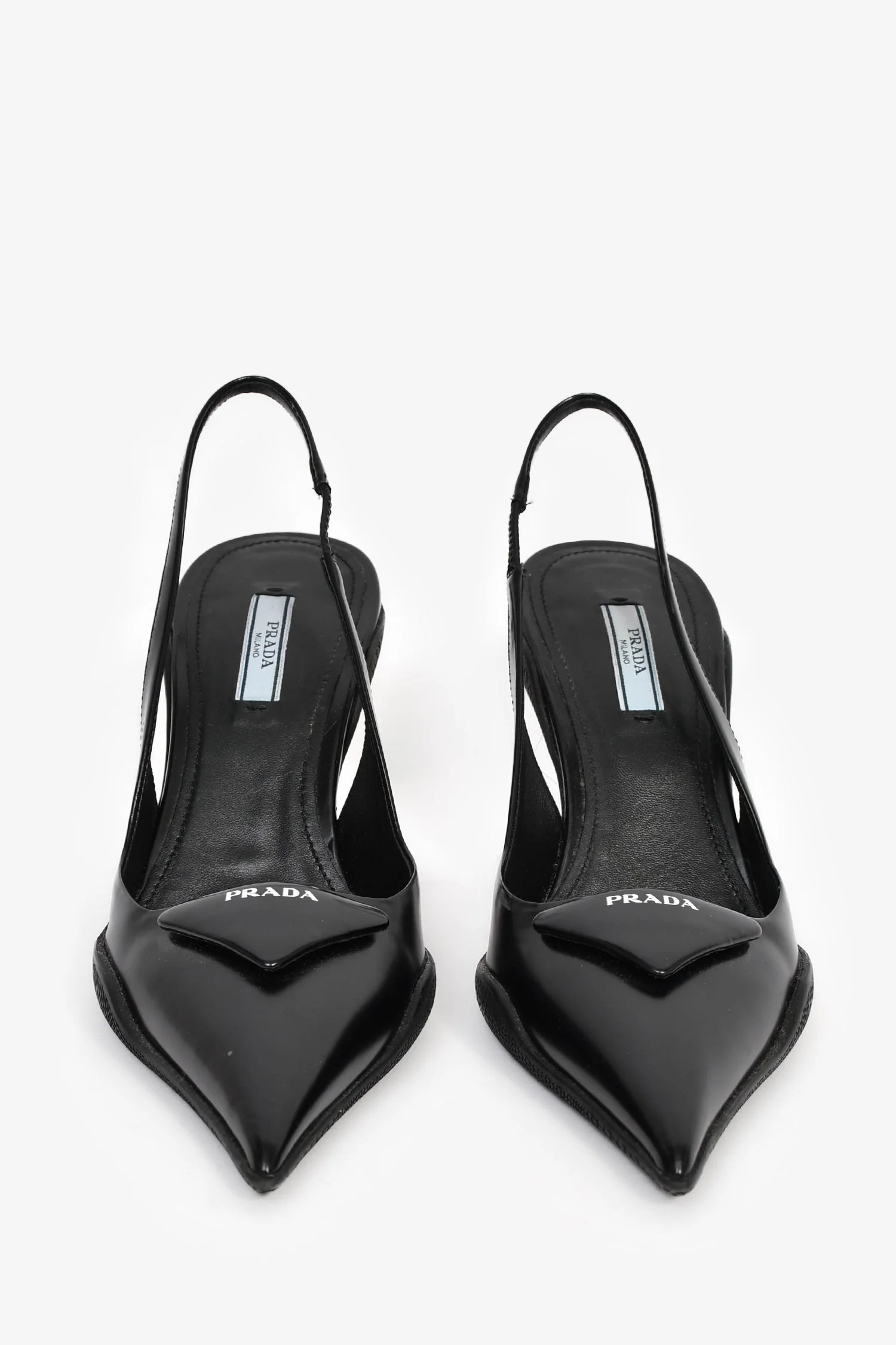 Prada Black Leather Logo-Plaque Slingback Heels Size 38.5 - Image 3