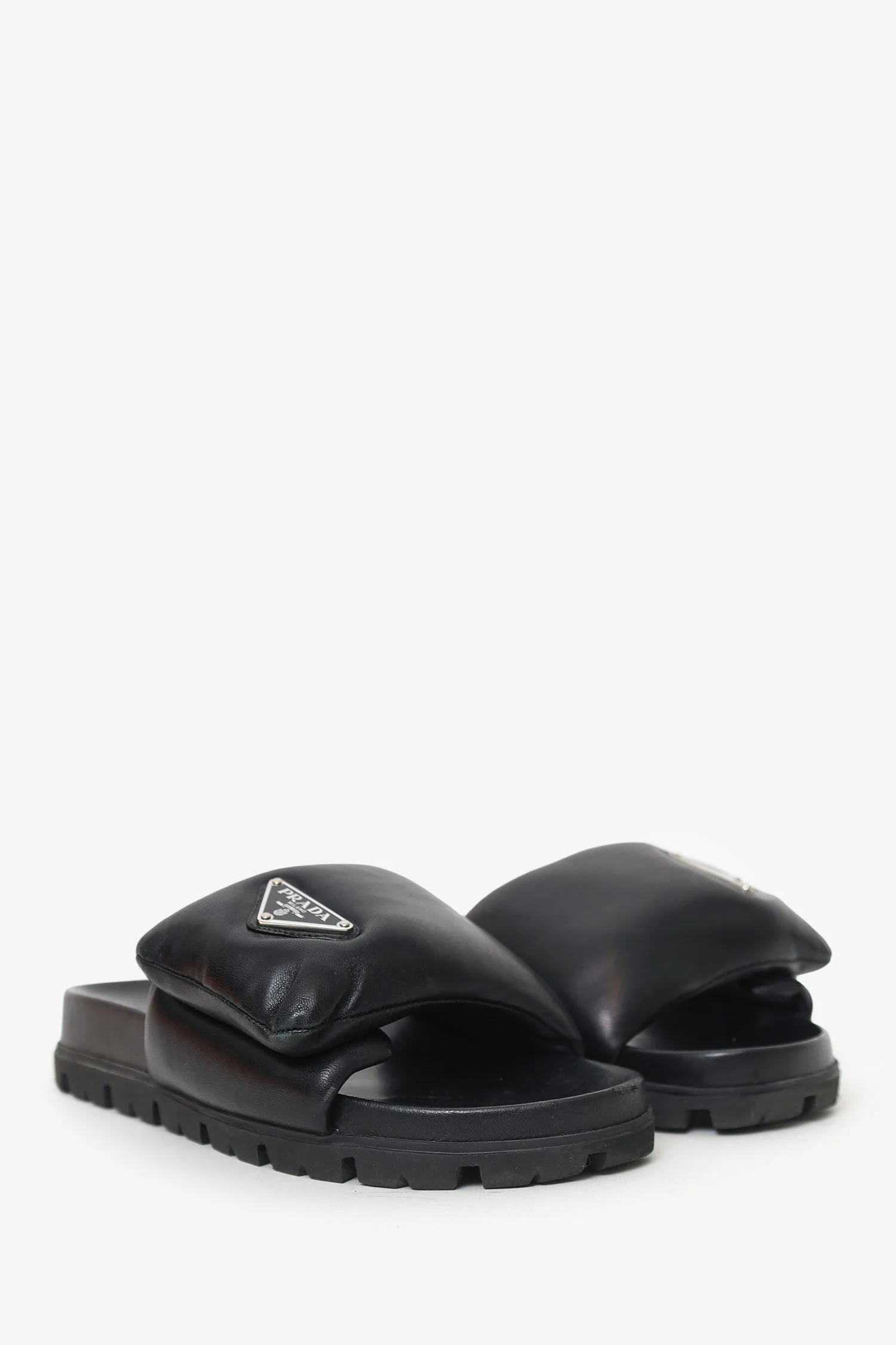 Prada Black Leather Padded Triangle Slides Size 35 - Image 2
