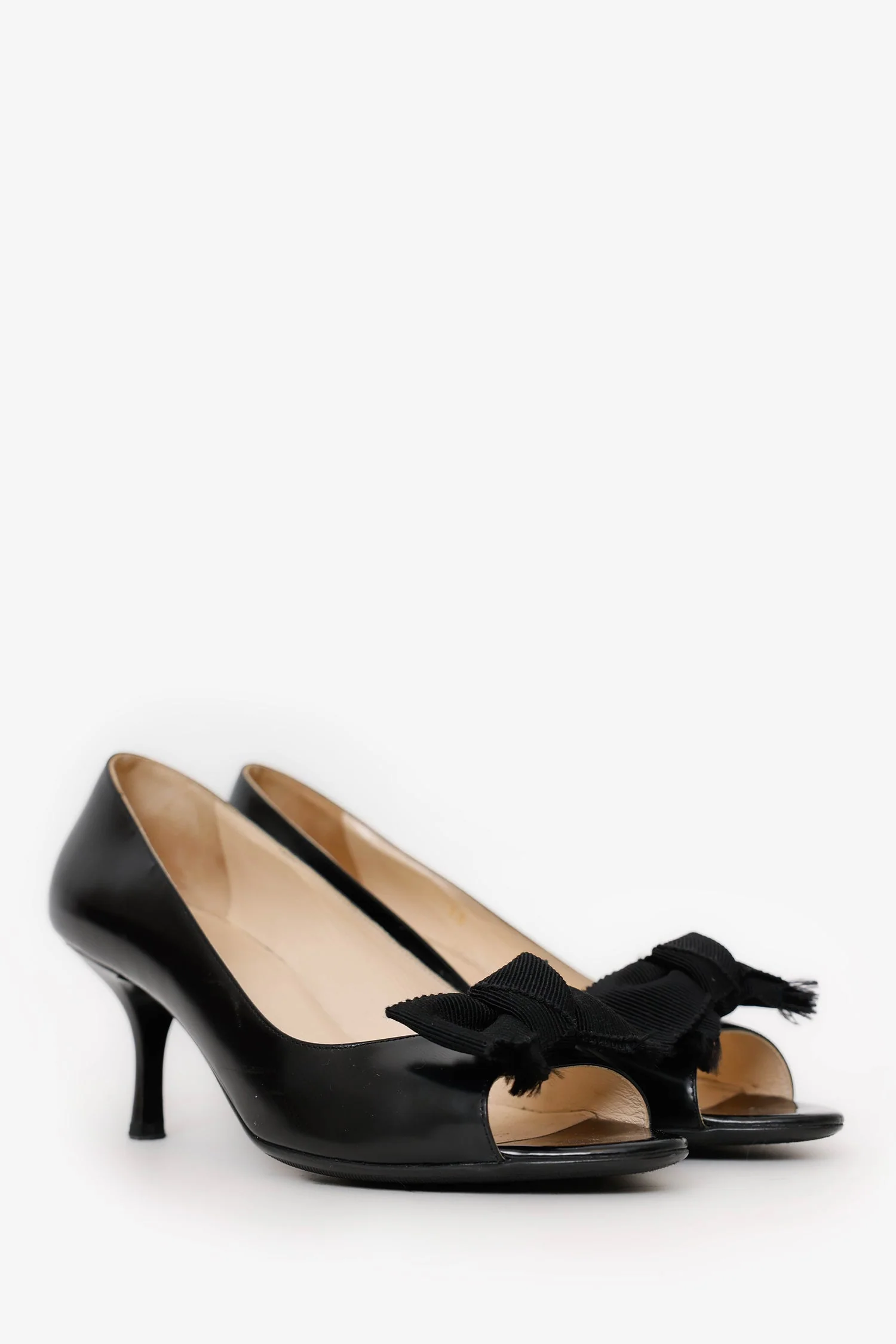 Prada Black Patent Leather Open Toe Bow Pumps Size 38 - Image 2
