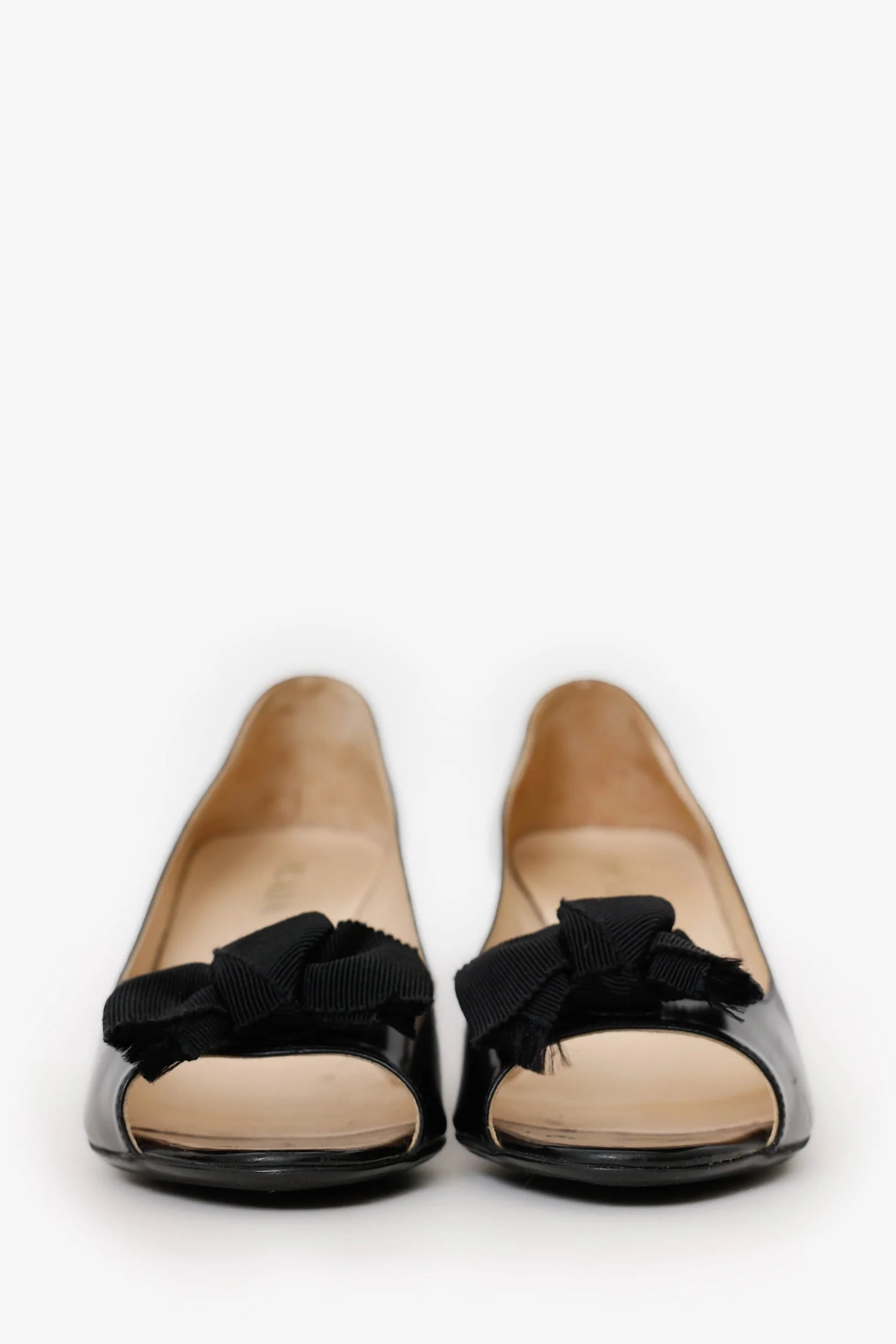 Prada Black Patent Leather Open Toe Bow Pumps Size 38 - Image 3