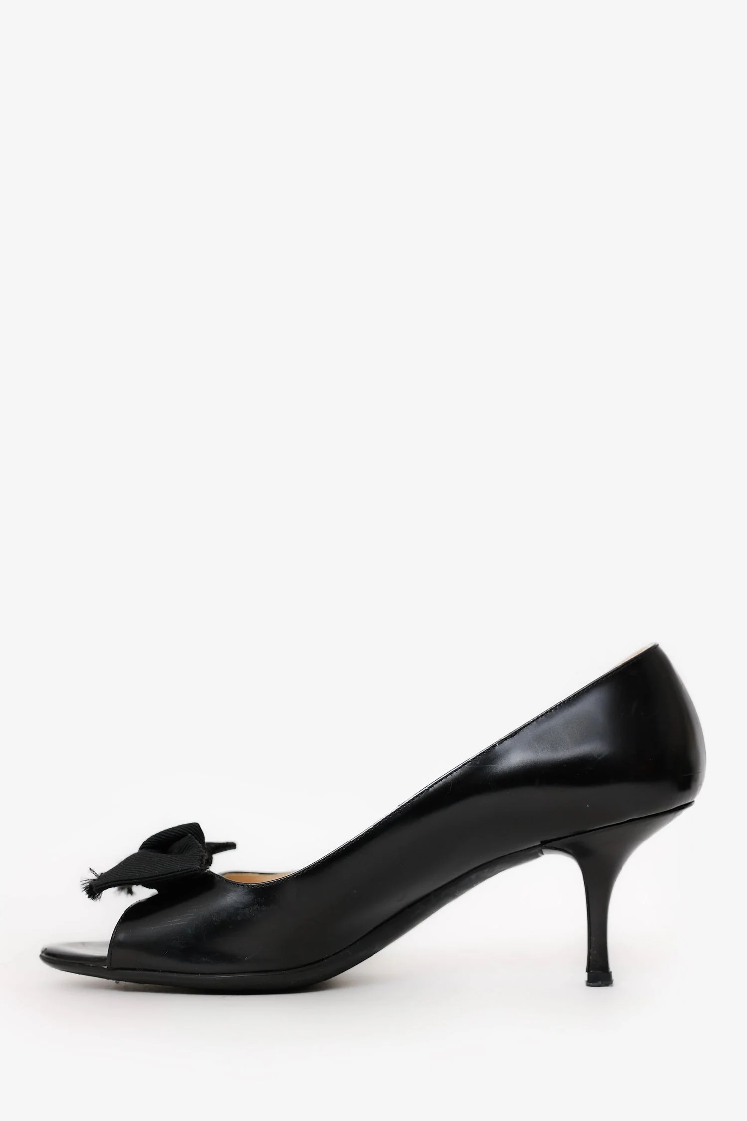Prada Black Patent Leather Open Toe Bow Pumps Size 38 - Image 4