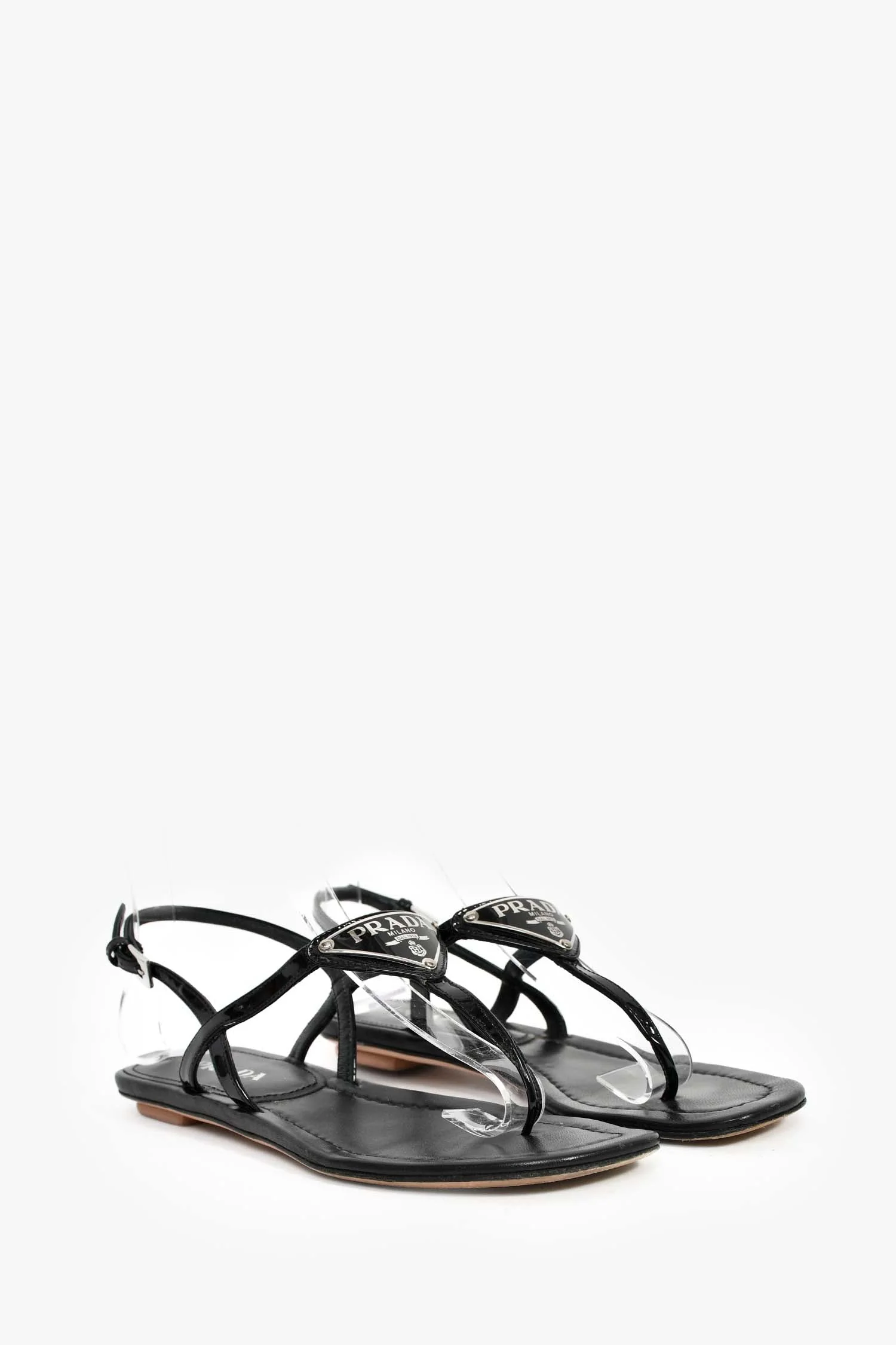 Prada Black Patent Leather Triangle Logo Thong Sandals Size 36 - Image 2