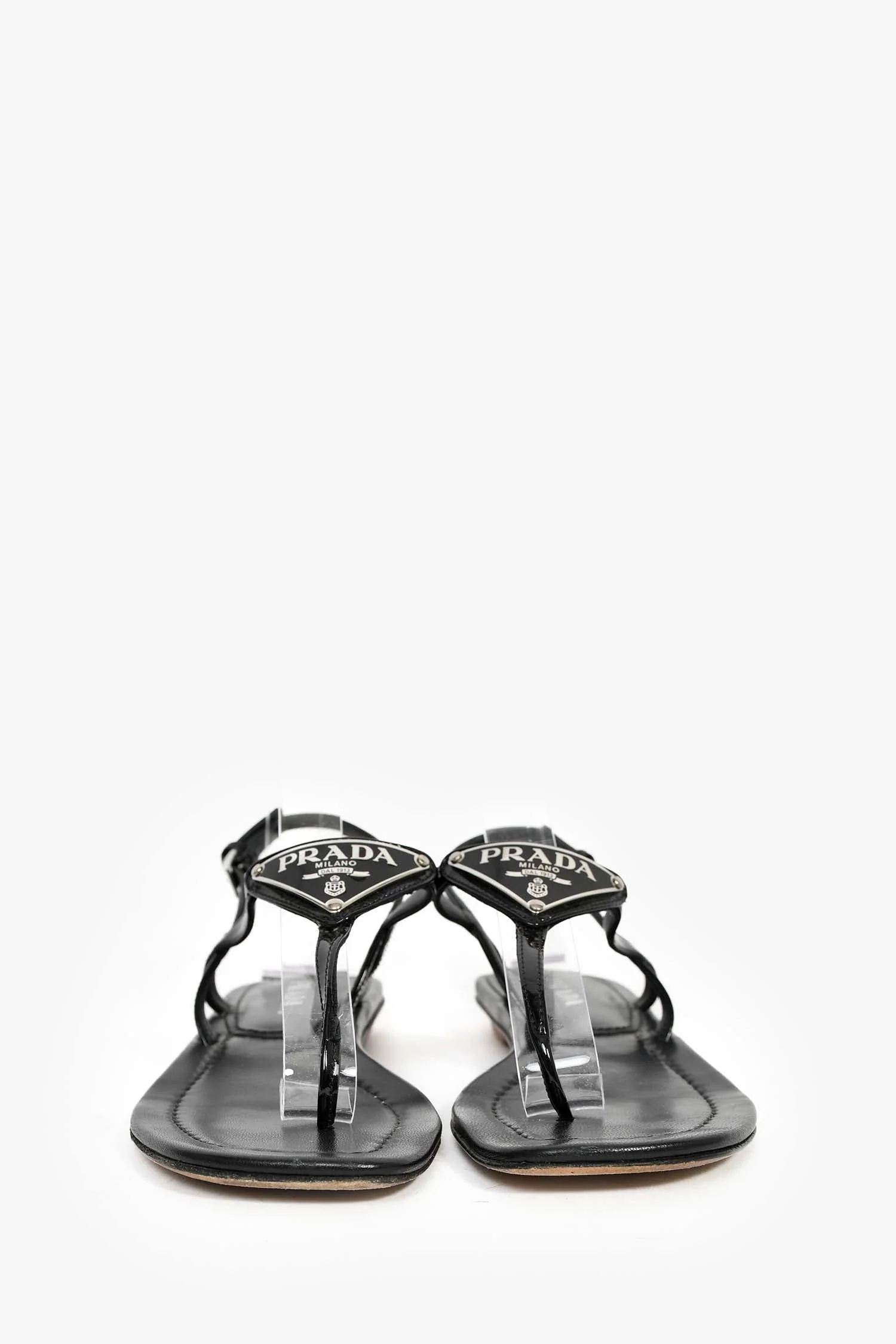 Prada Black Patent Leather Triangle Logo Thong Sandals Size 36 - Image 3