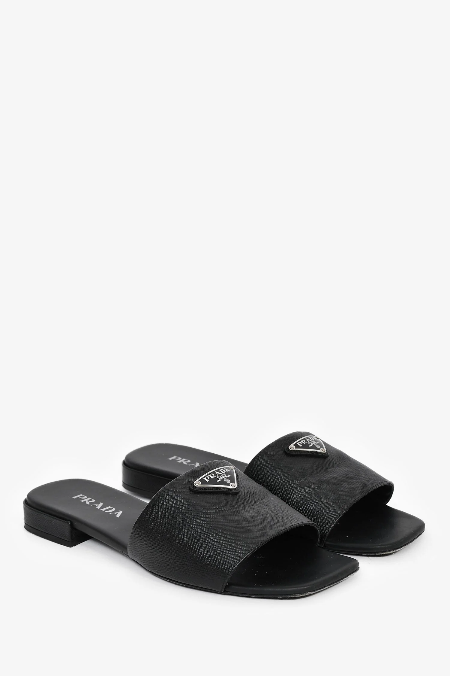 Prada Black Saffiano Leather Logo Triangle Plaque Sandals Size 41 - Image 2
