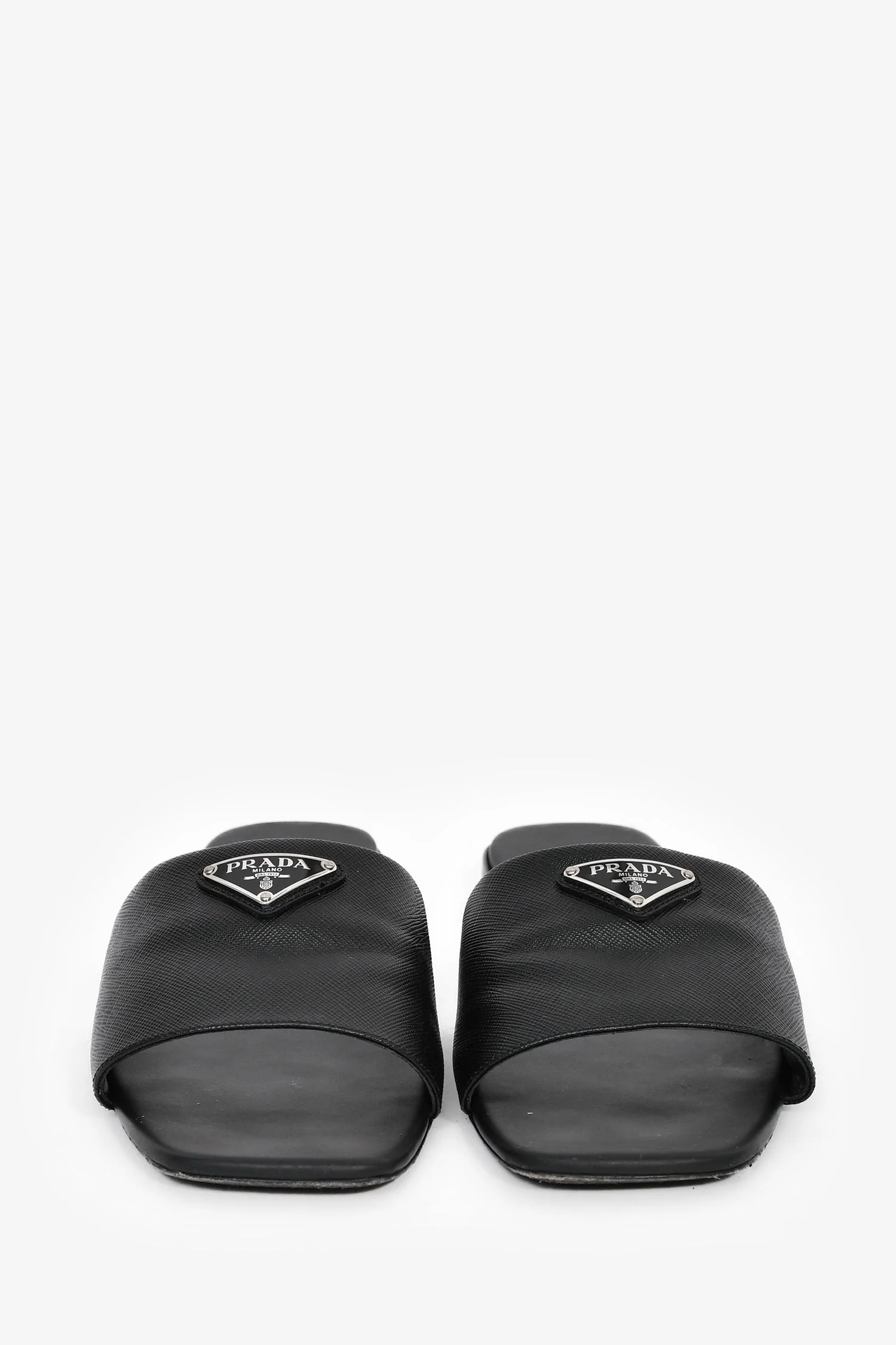 Prada Black Saffiano Leather Logo Triangle Plaque Sandals Size 41 - Image 3