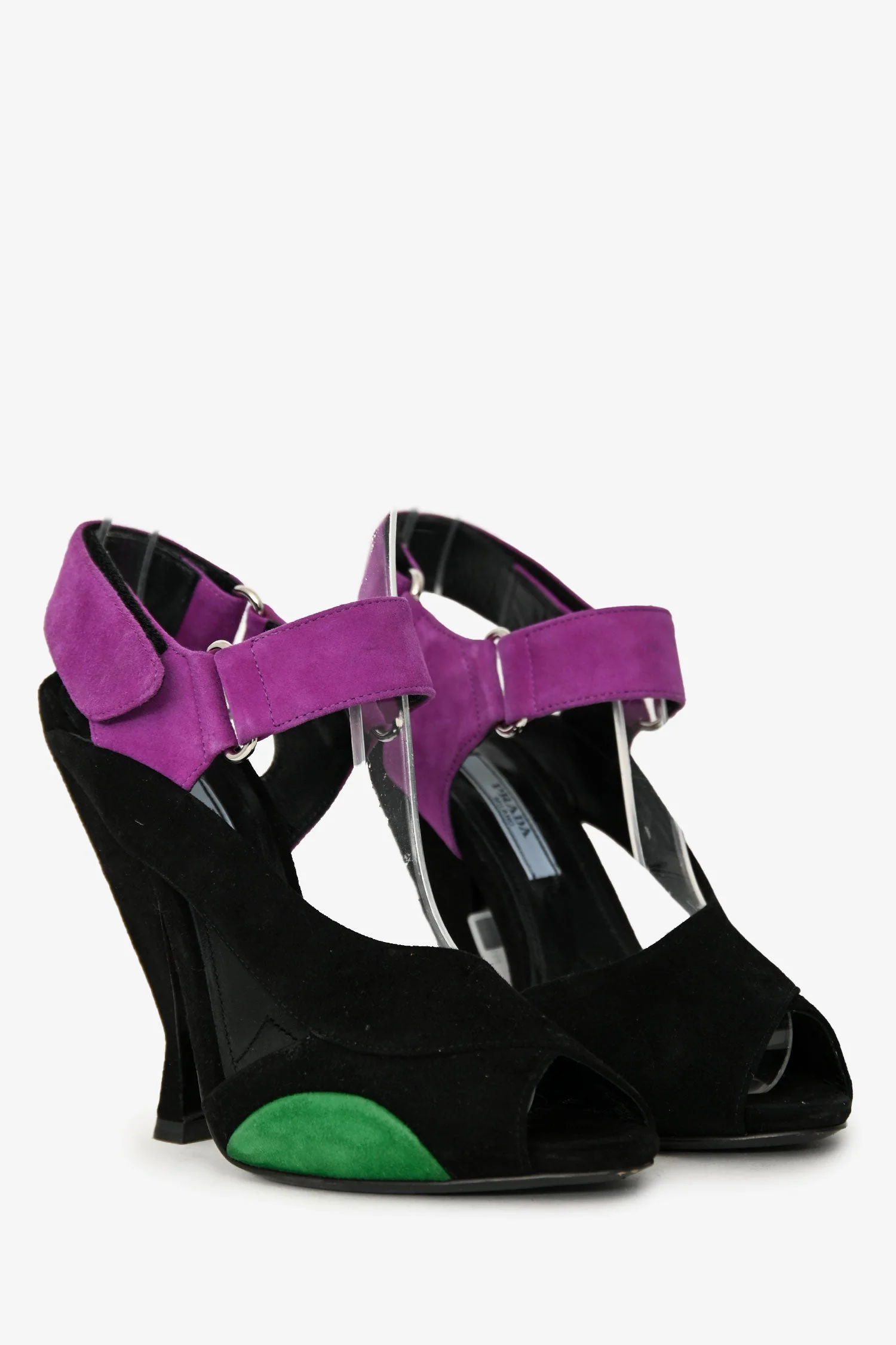Prada Black Suede Leather Colour Block Peep Toe Sandals Size 36 - Image 2