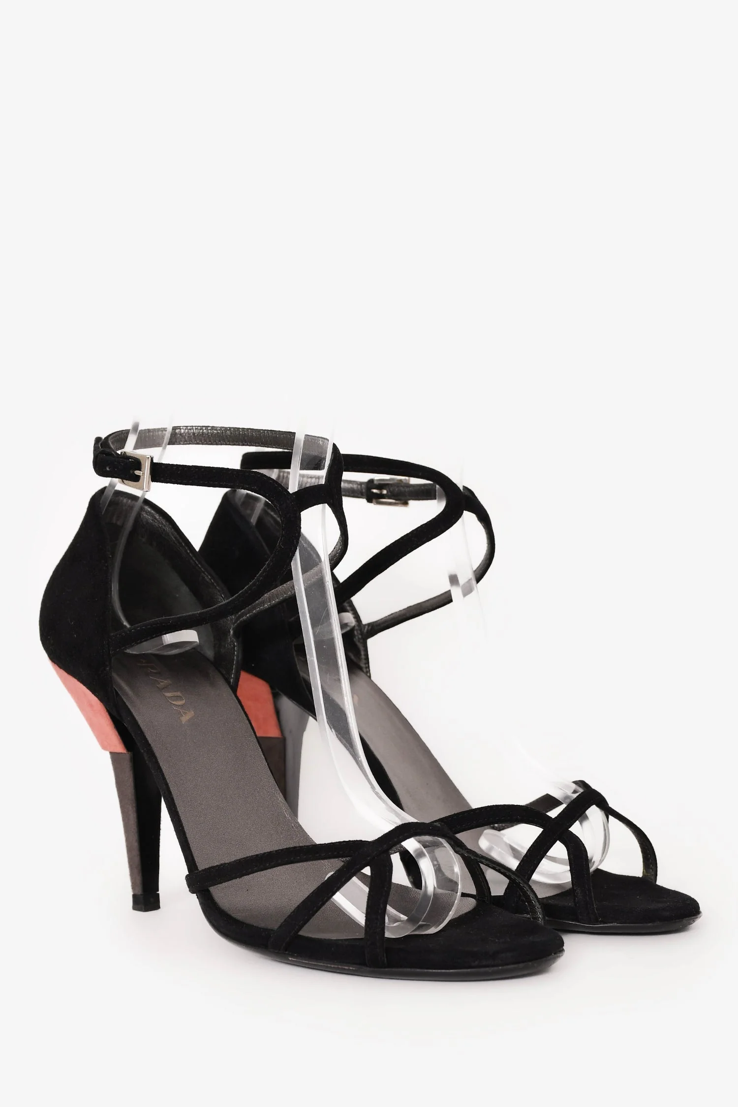 Prada Black Suede Pink/Grey Heels Size 39 - Image 2