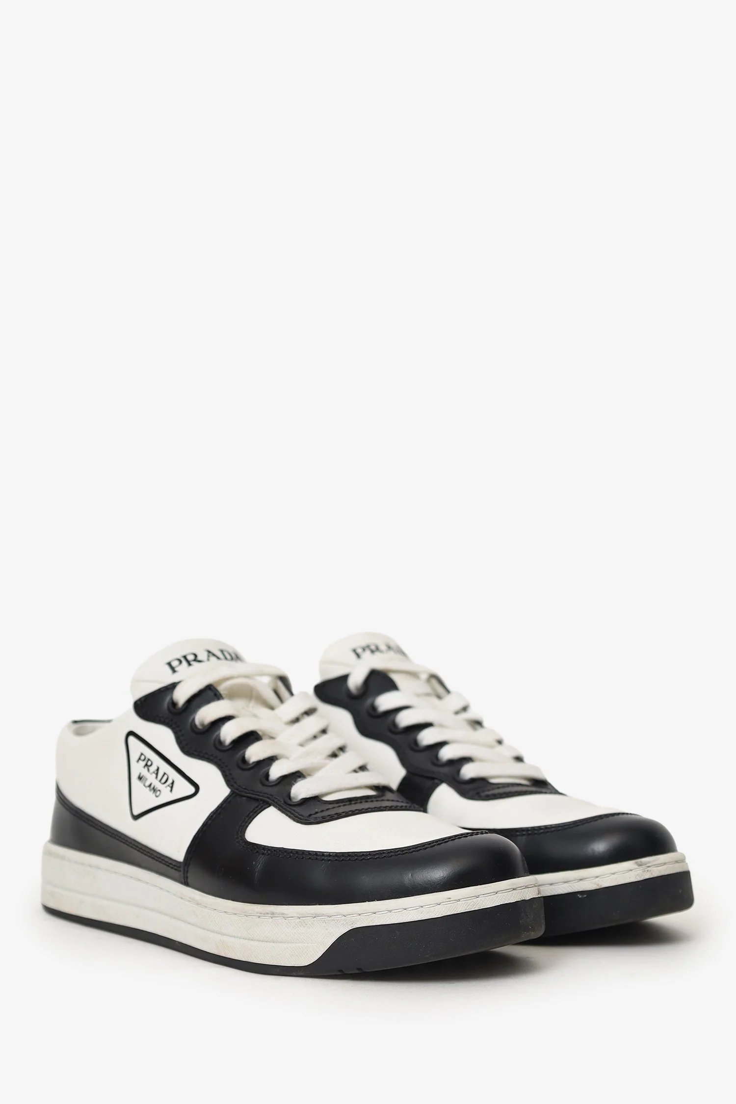Prada Black/White Leather Logo Sneakers Size 37.5 - Image 2