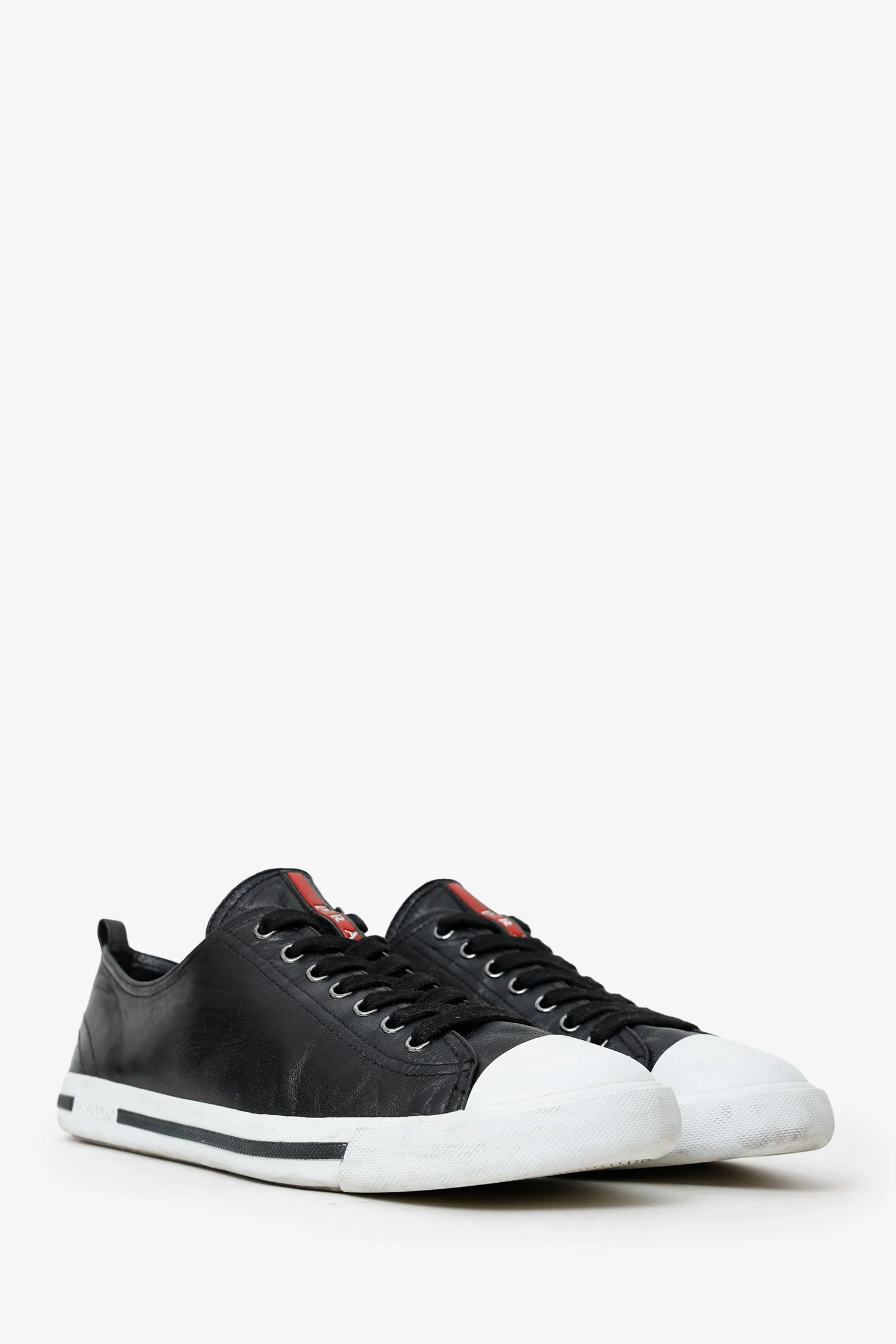 Prada Black/White Leather Low Top Sneaker Size 10 Mens - Image 2