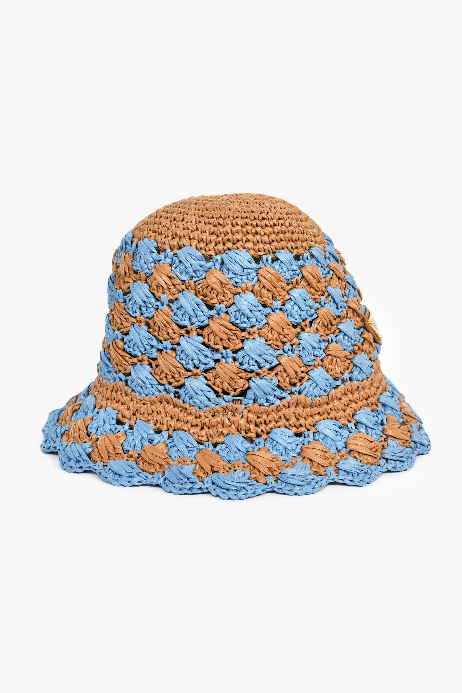Prada Blue/Brown Raffia Logo Triangle Bucket Hat Size M - Image 2