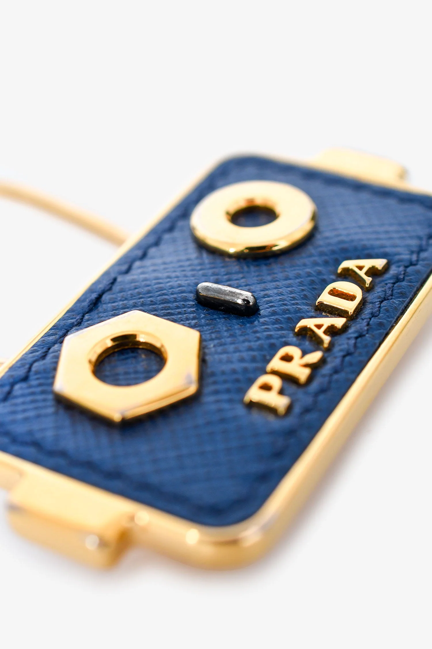 Prada Blue Saffiano Gold Rectangular Robot Keychain - Image 3
