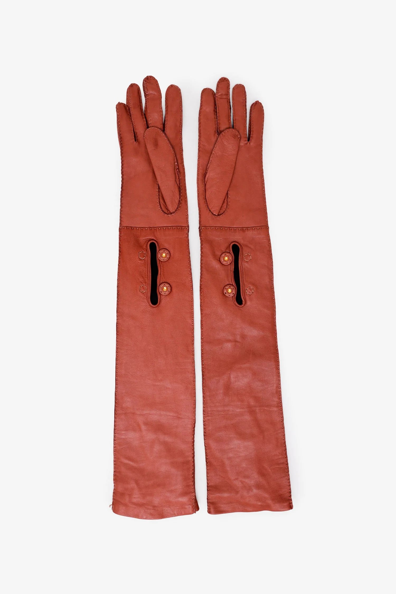 Prada Brown Leather Long Gloves Size 7.5 - Image 2