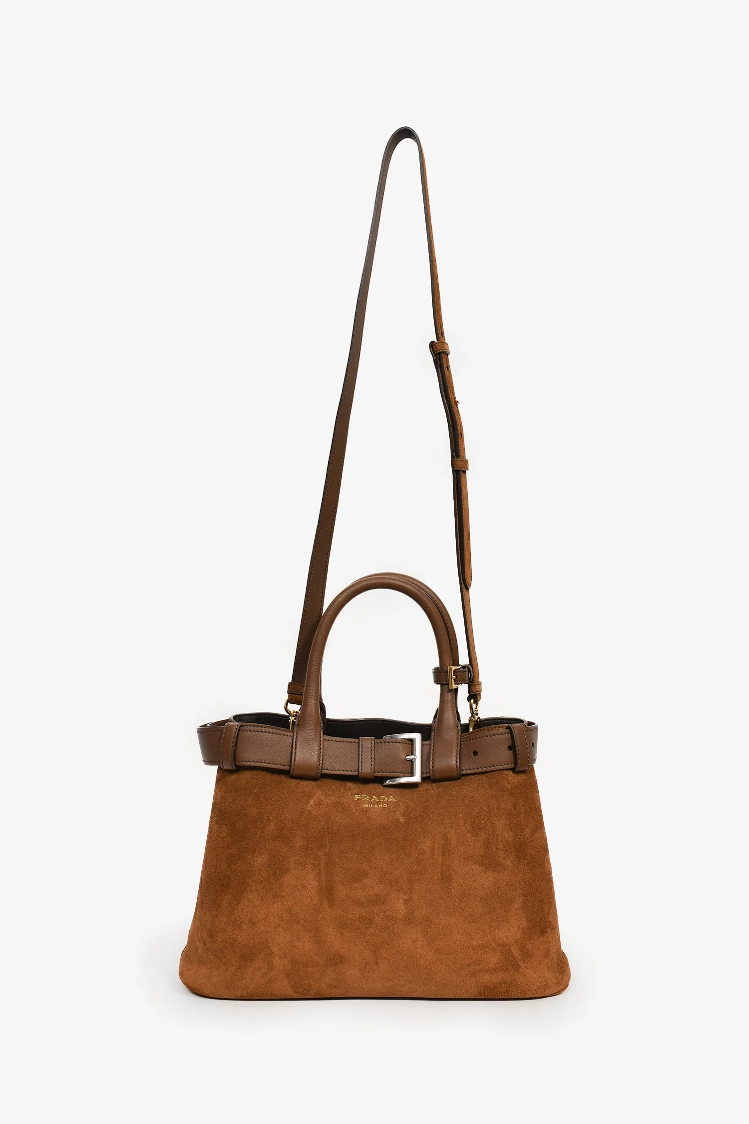 Prada Brown Suede/Leather Buckle Bag with Strap - Image 8