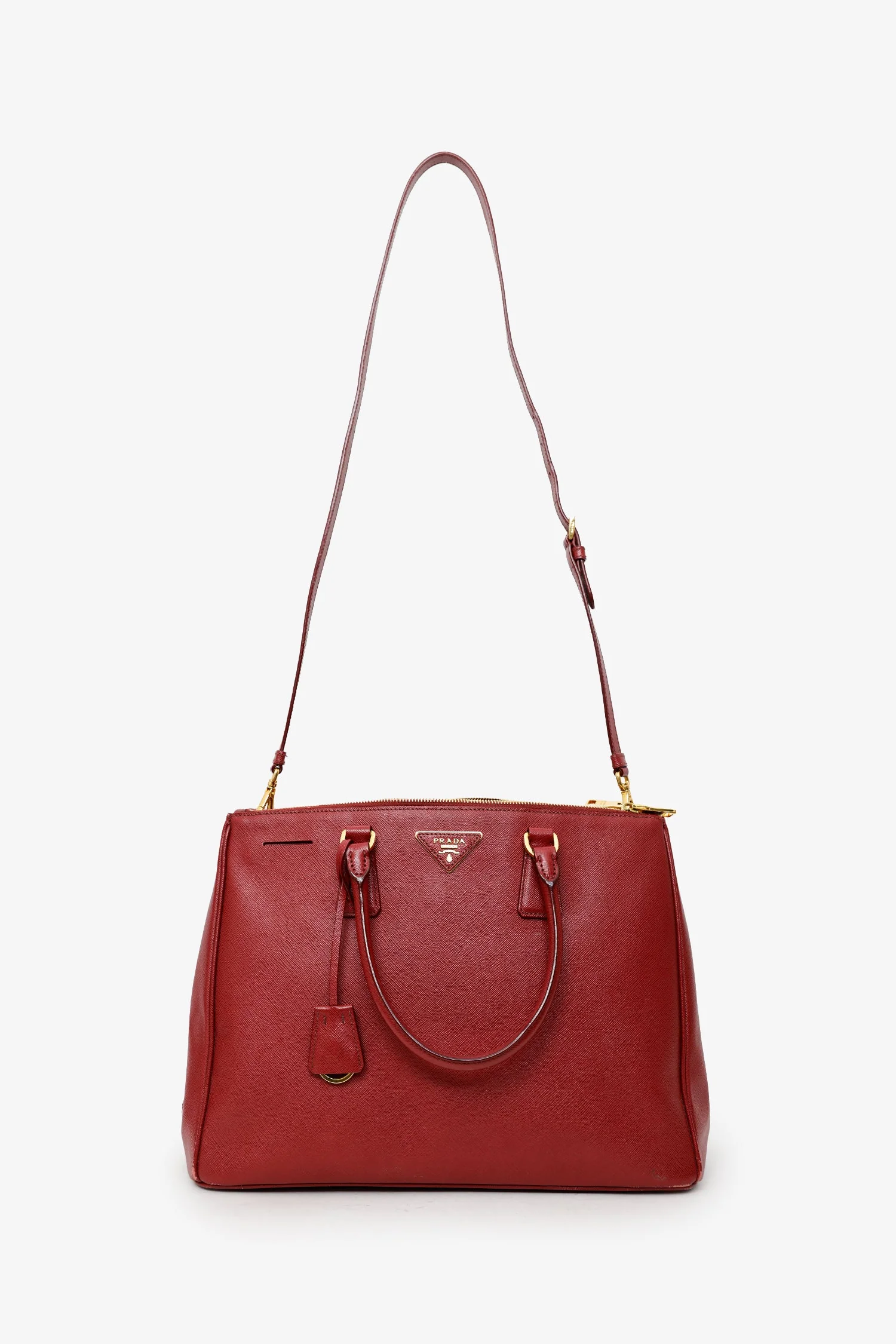 Prada Burgundy Saffiano Leather Large Double Zip Galleria Tote With Strap - Image 6