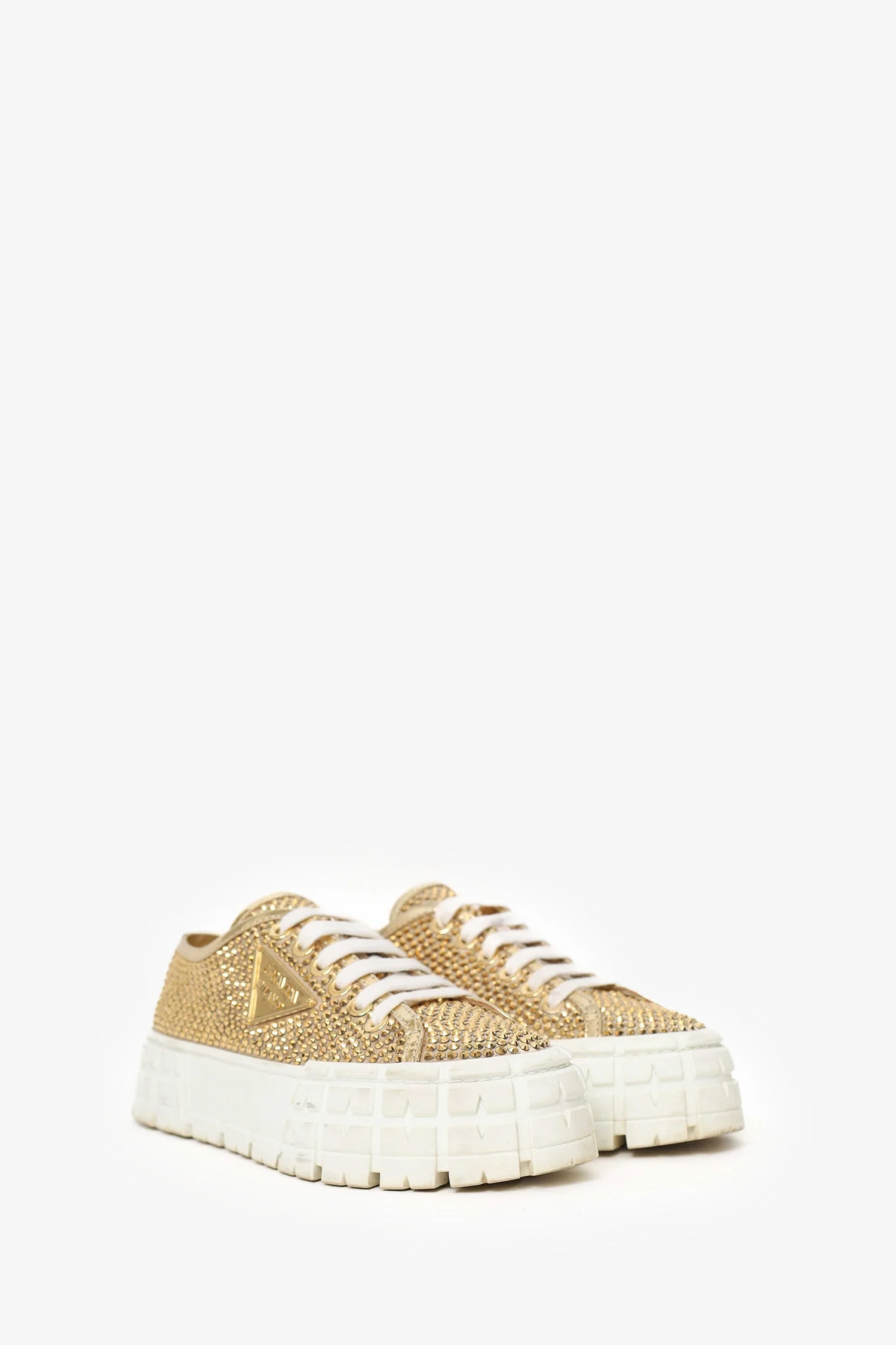Prada Gold Metallic Satin/Leather Crystal Embellishments Sneakers Size 39 - Image 2