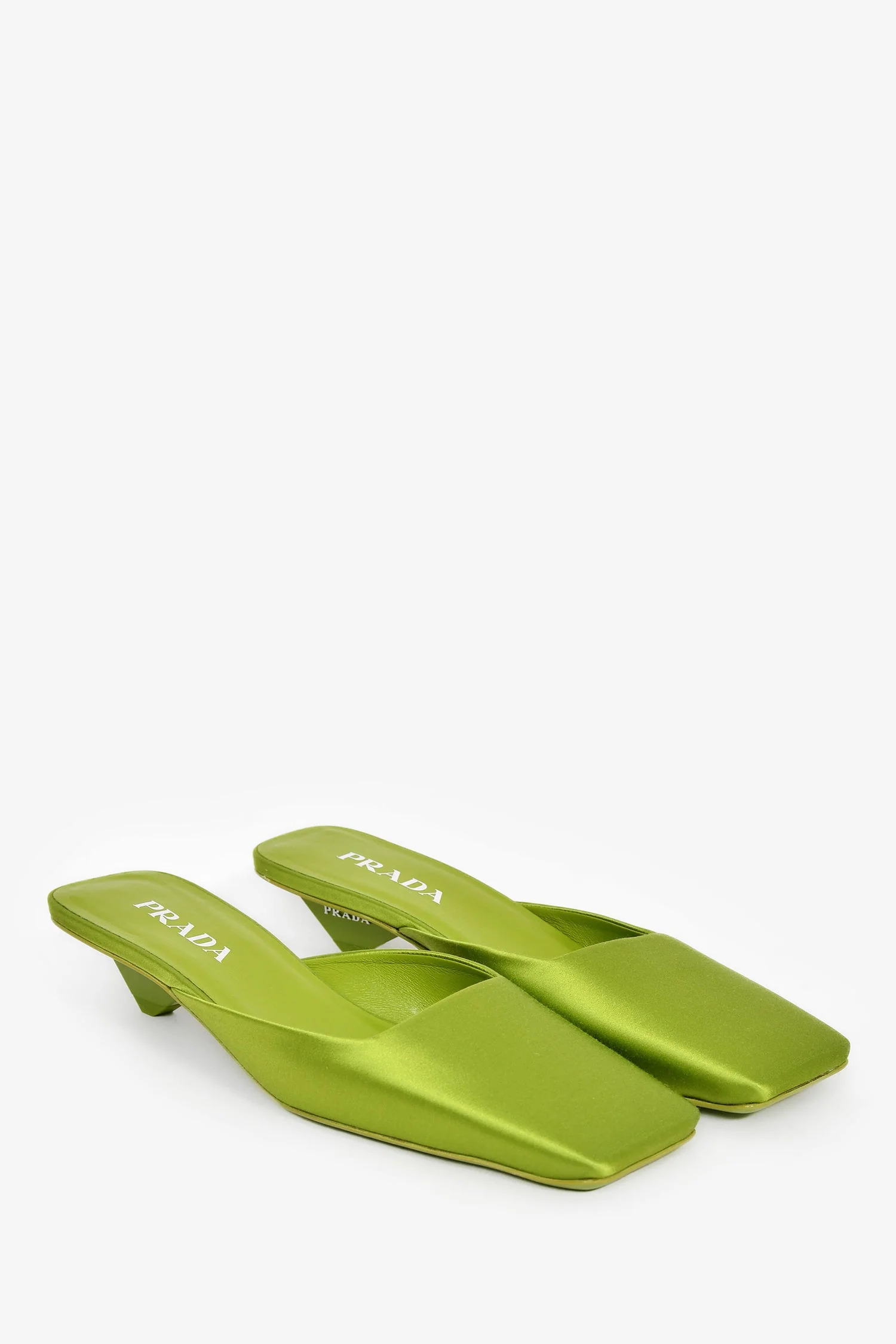 Prada Green Satin Square Toe Mules Size 38 - Image 2