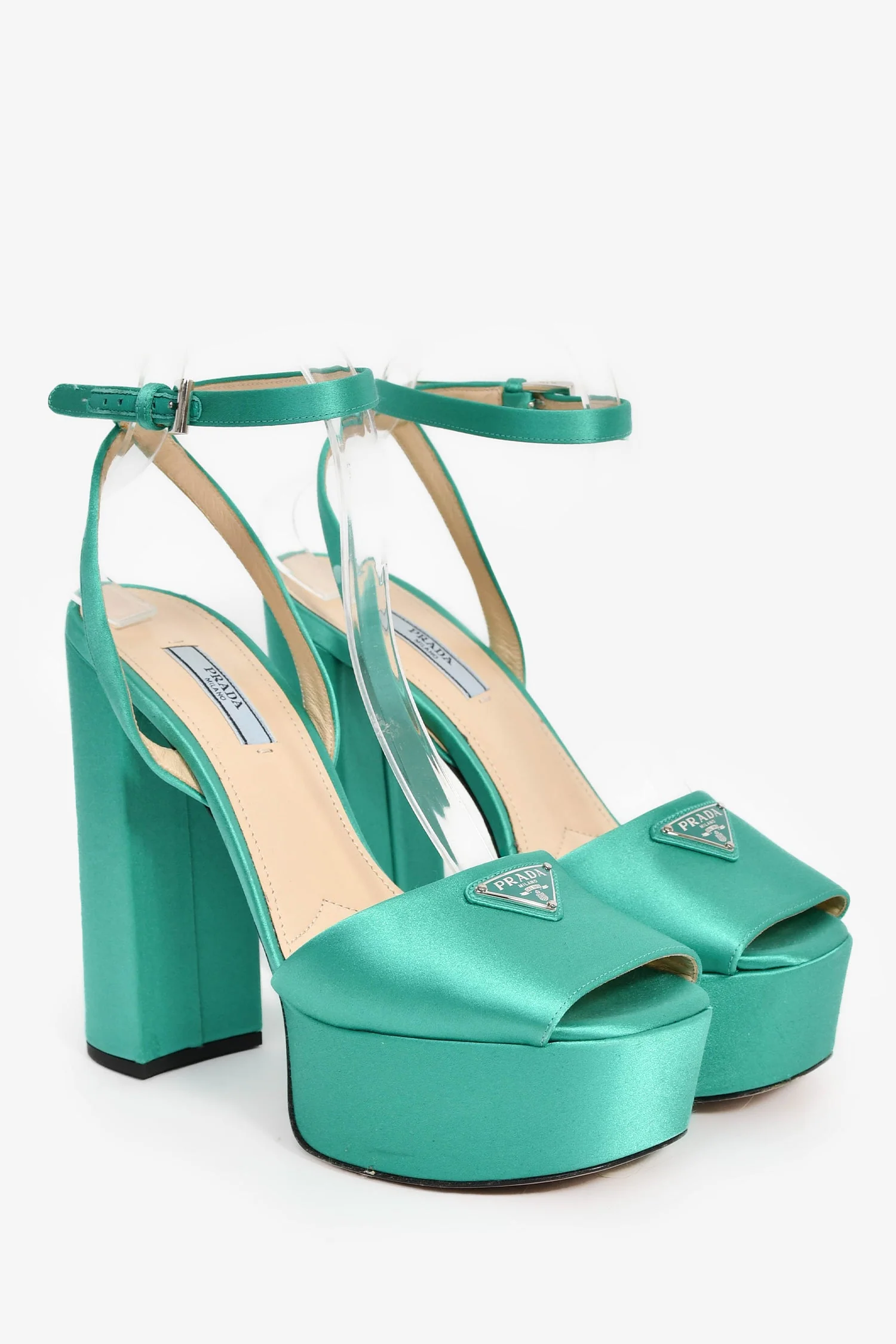 Prada Green Satin Triangle Heeled Platform Heels Size 38.5 - Image 2