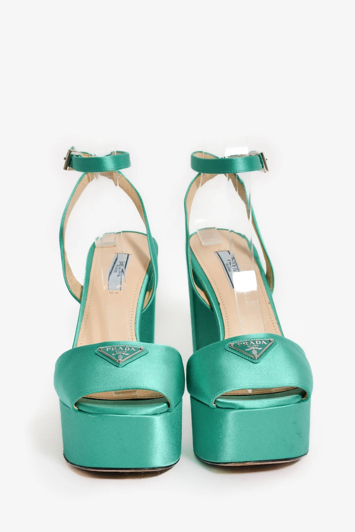Prada Green Satin Triangle Heeled Platform Heels Size 38.5 - Image 3