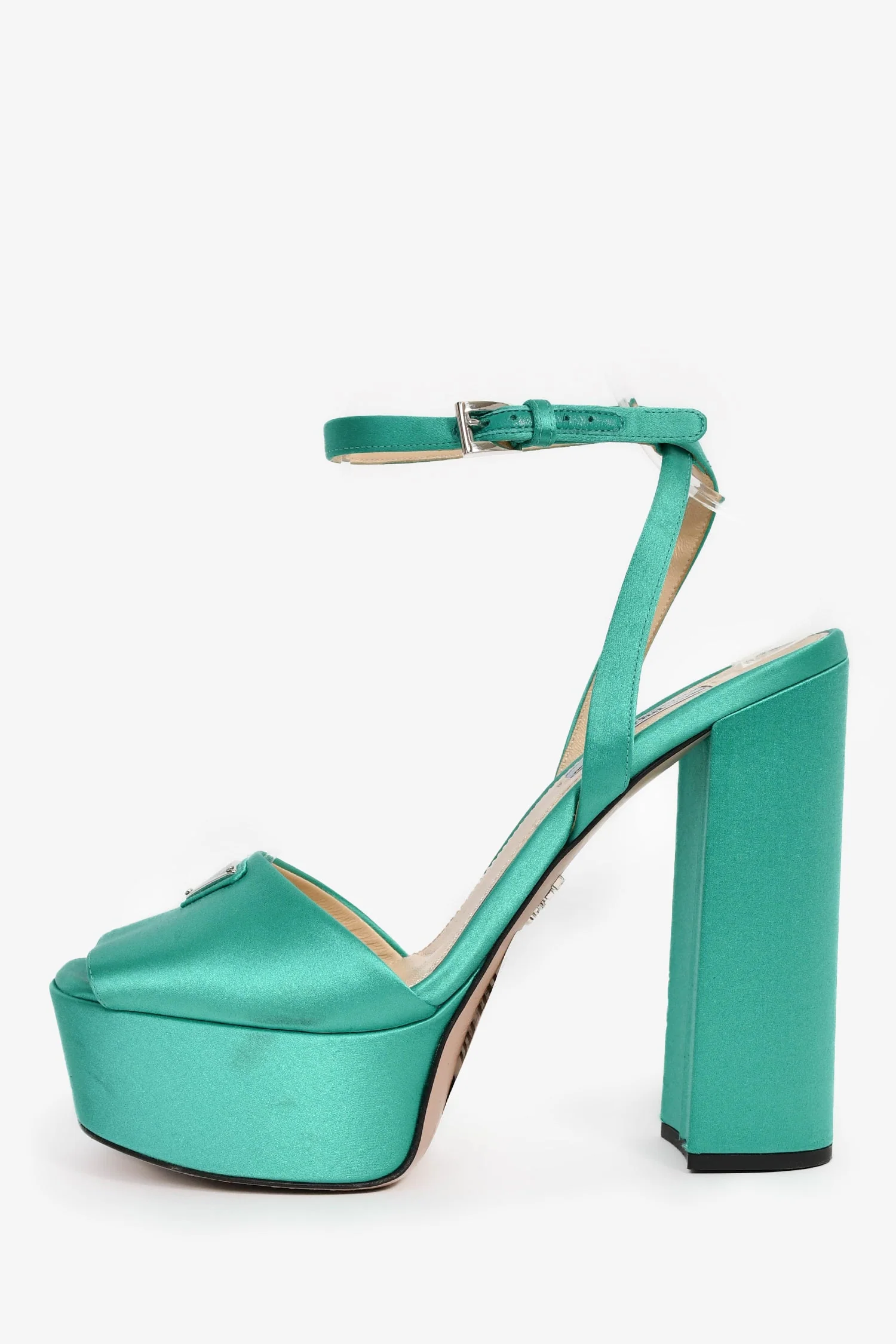 Prada Green Satin Triangle Heeled Platform Heels Size 38.5 - Image 4