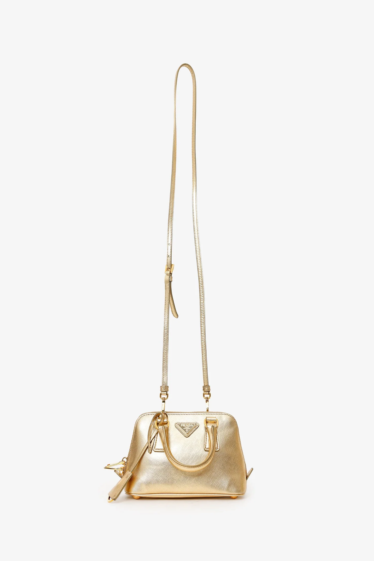 Prada Metallic Gold Saffiano Lux Leather Mini Promenade Crossbody Bag With Strap - Image 6