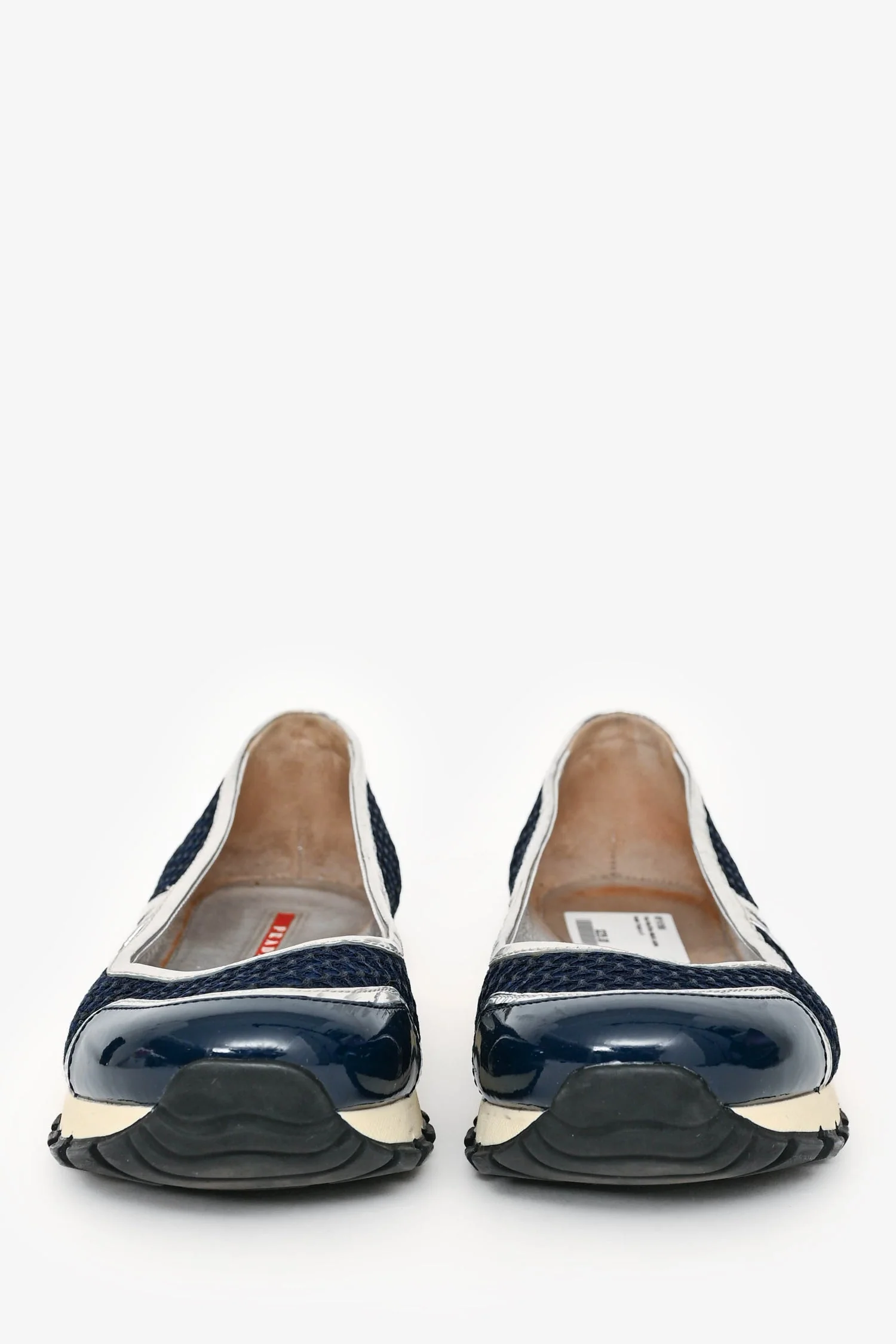 Prada Navy/Silver Metallic Leather Sneaker Pumps Size 41 - Image 2