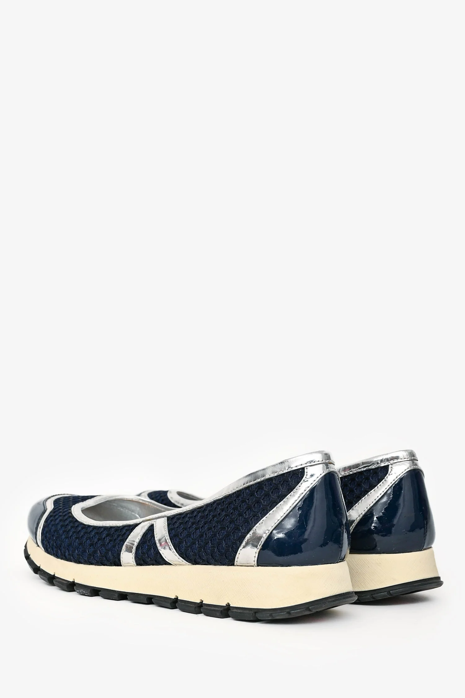 Prada Navy/Silver Metallic Leather Sneaker Pumps Size 41 - Image 3