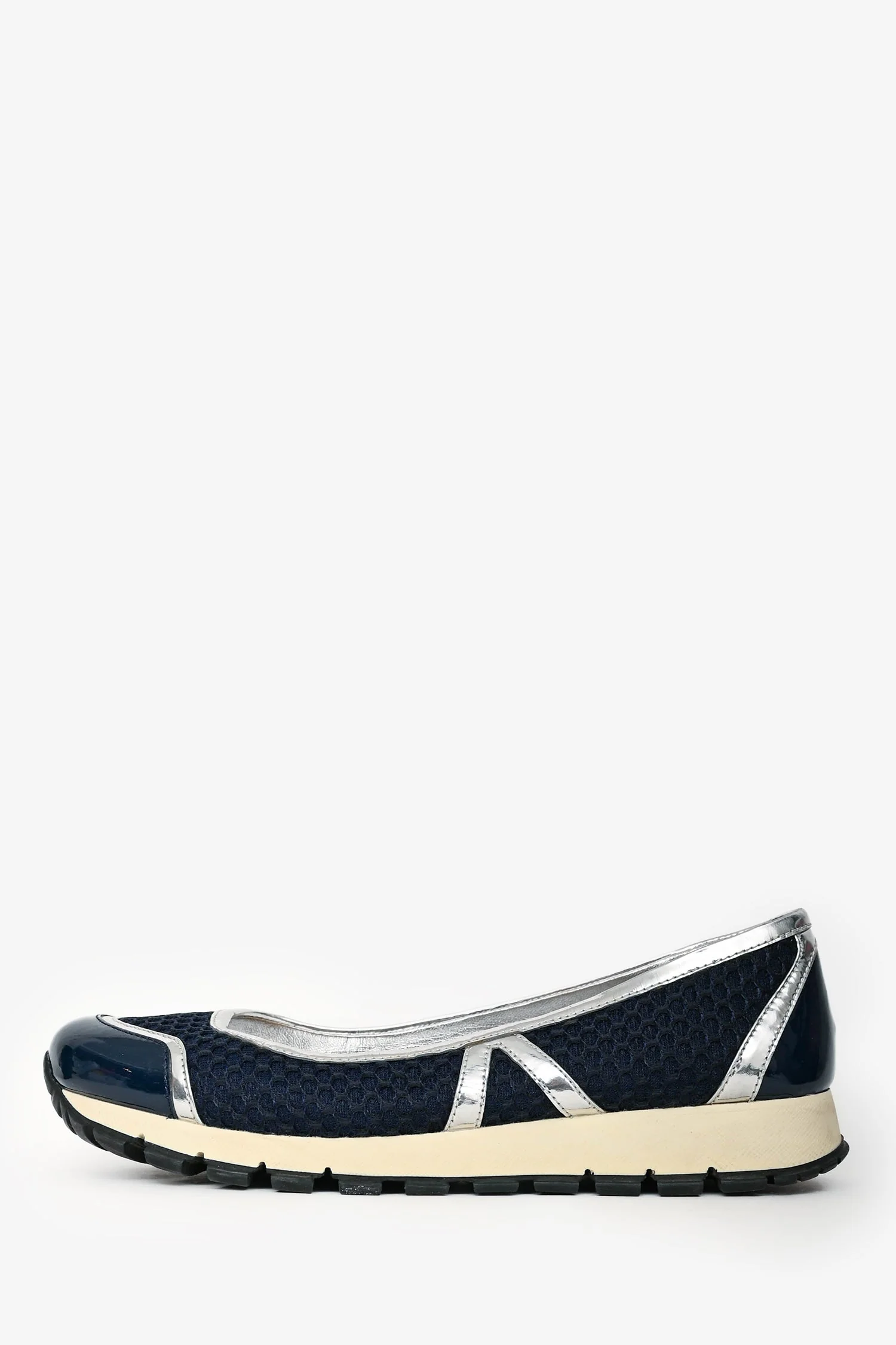 Prada Navy/Silver Metallic Leather Sneaker Pumps Size 41 - Image 4
