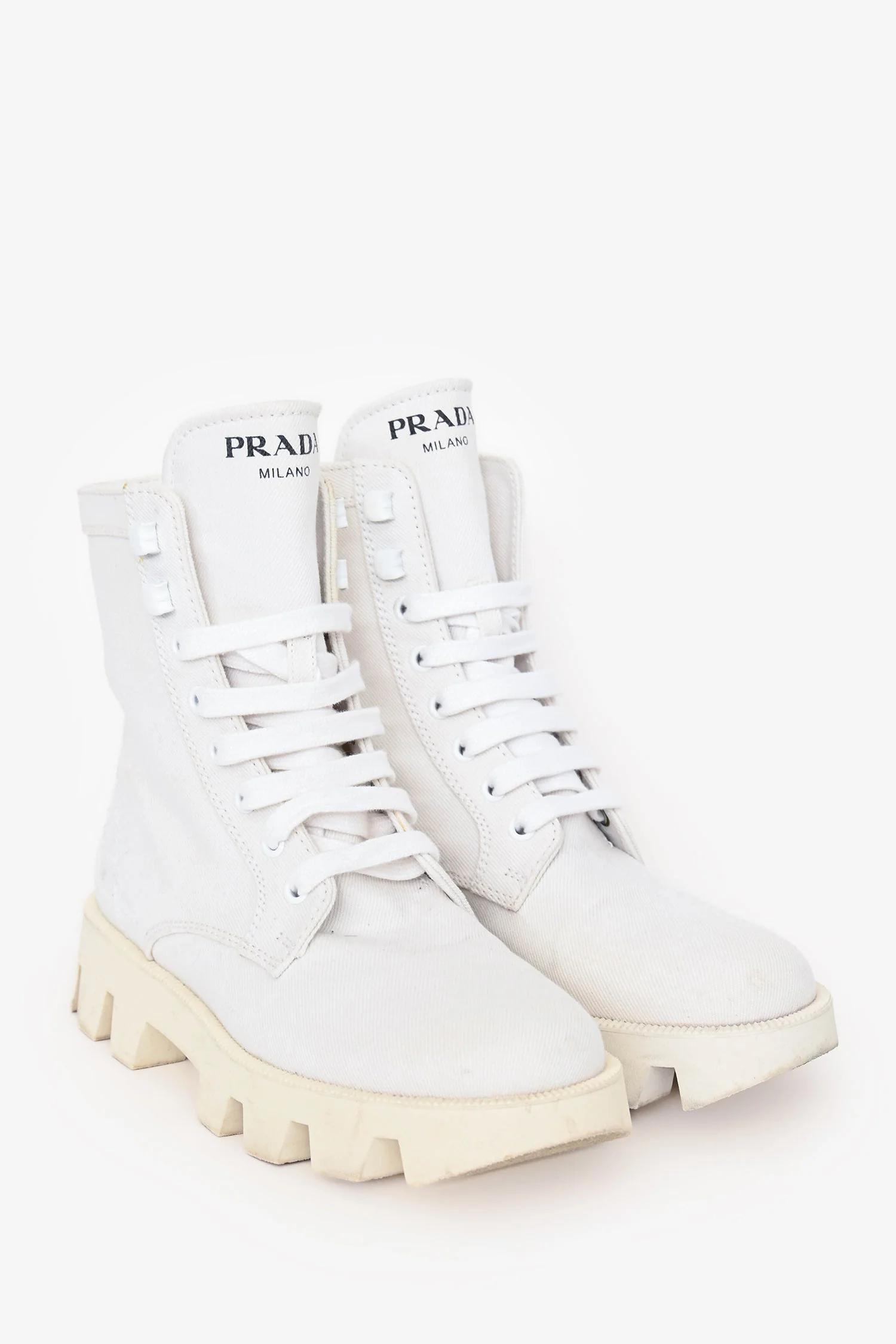 Prada White Canvas High Top Lace Up Boots Size 36.5 - Image 2