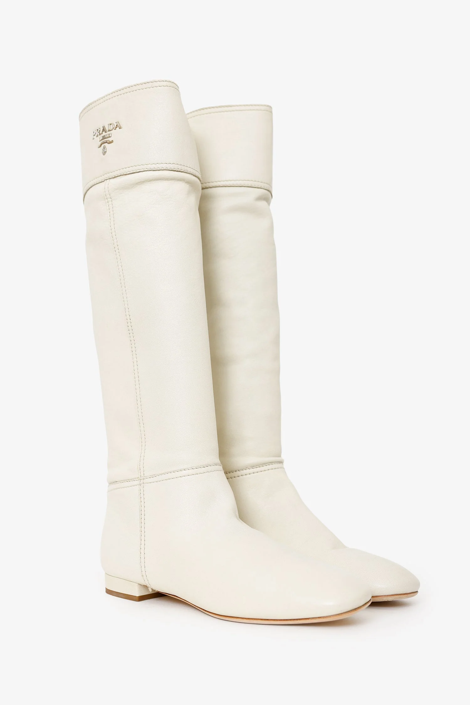 Prada White Leather Logo Riding Knee High Boots Size 40 - Image 2