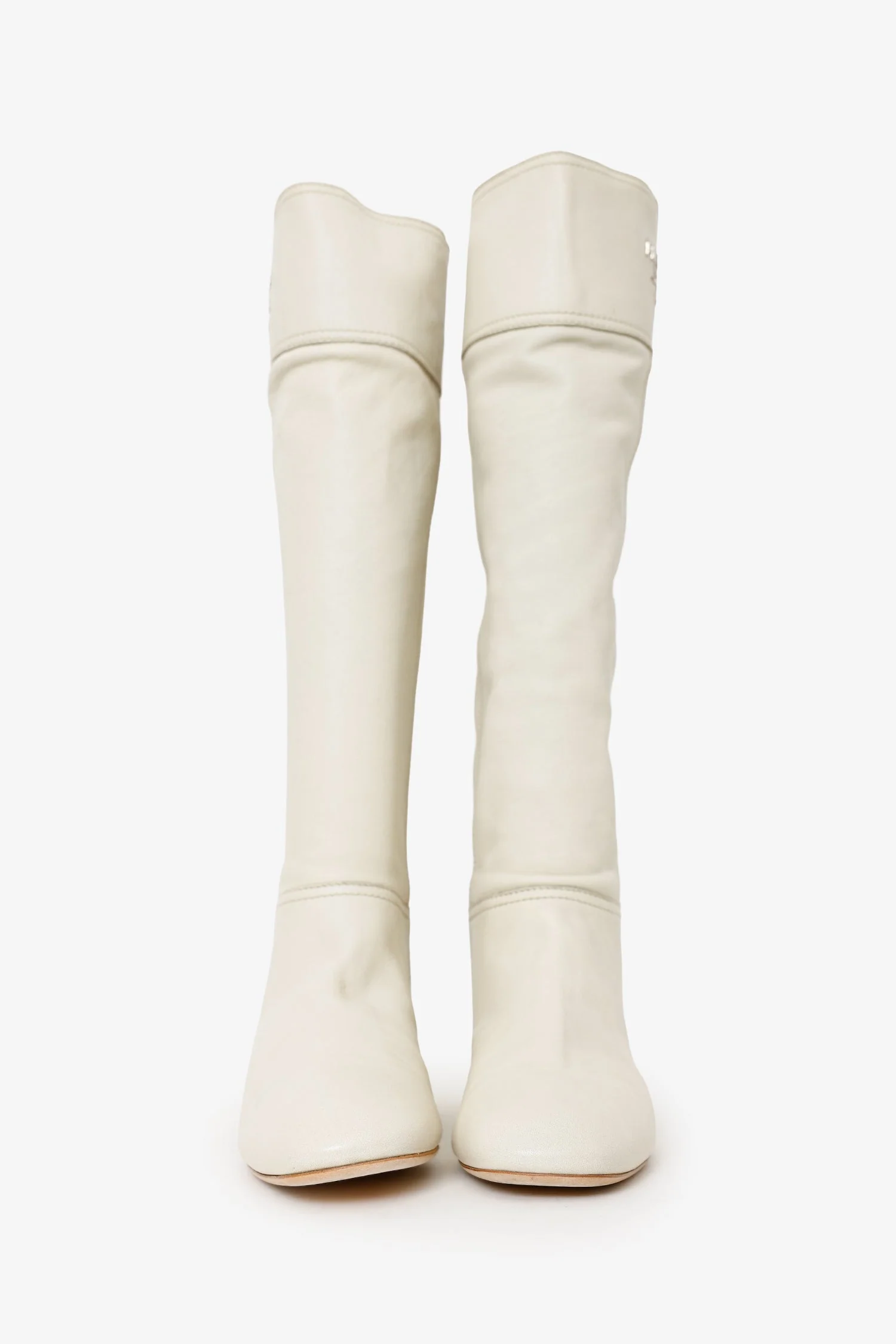 Prada White Leather Logo Riding Knee High Boots Size 40 - Image 3