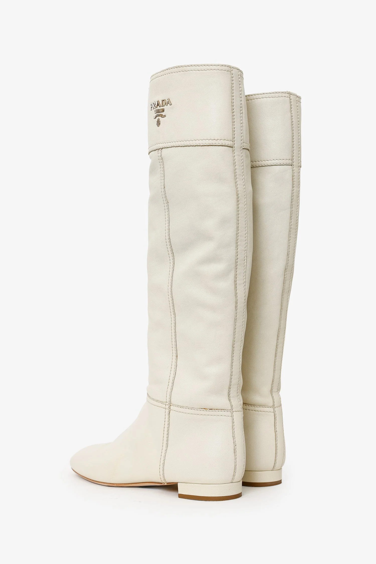 Prada White Leather Logo Riding Knee High Boots Size 40 - Image 4