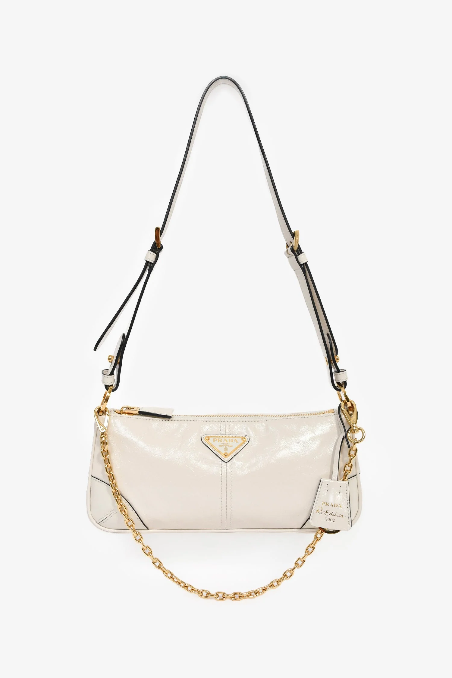 Prada White Leather 'Re-Edition 2002' Medium Shoulder Bag With Chain - Image 7