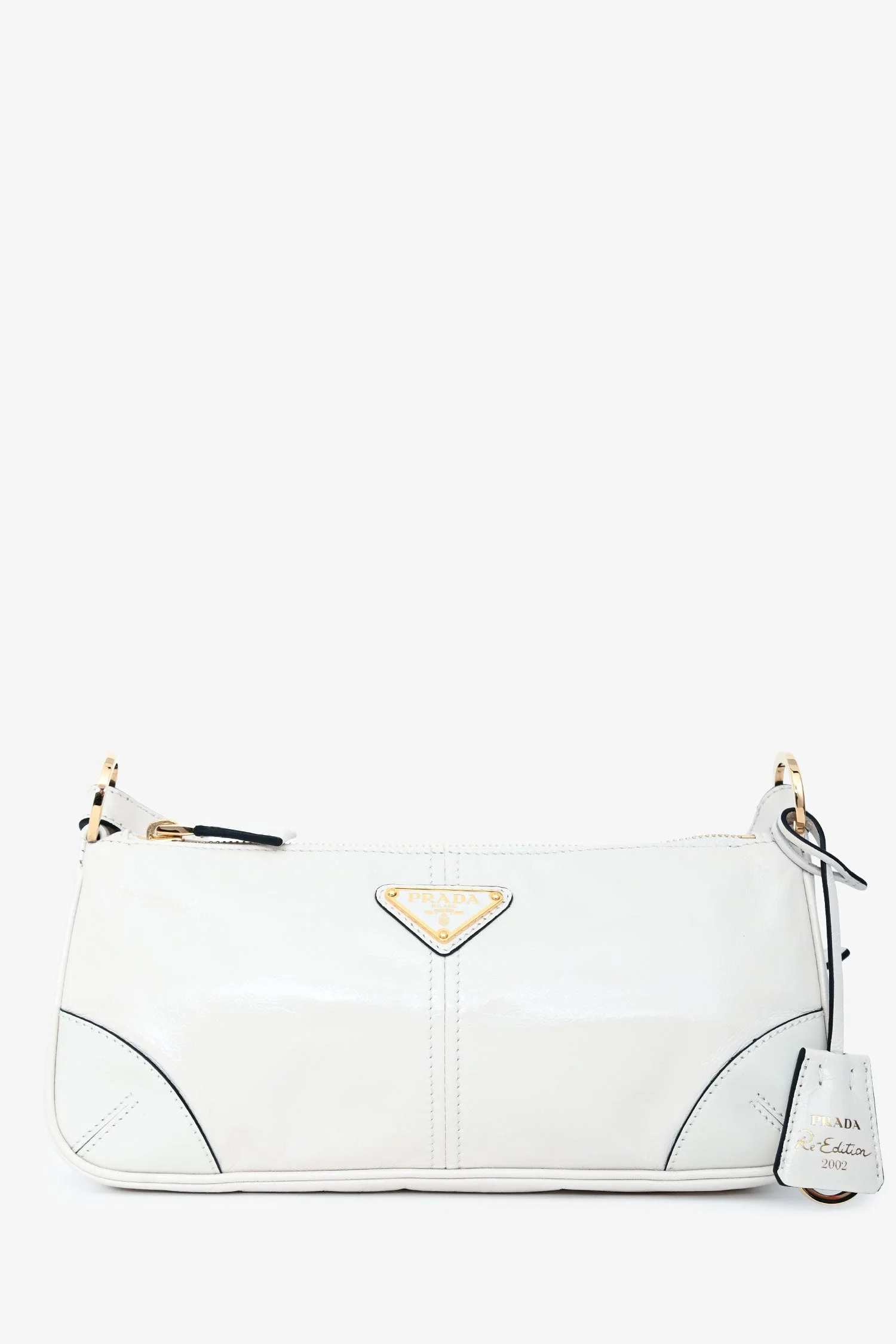 Prada White Leather 'Re-Edition 2002' Medium Shoulder Bag with Chain