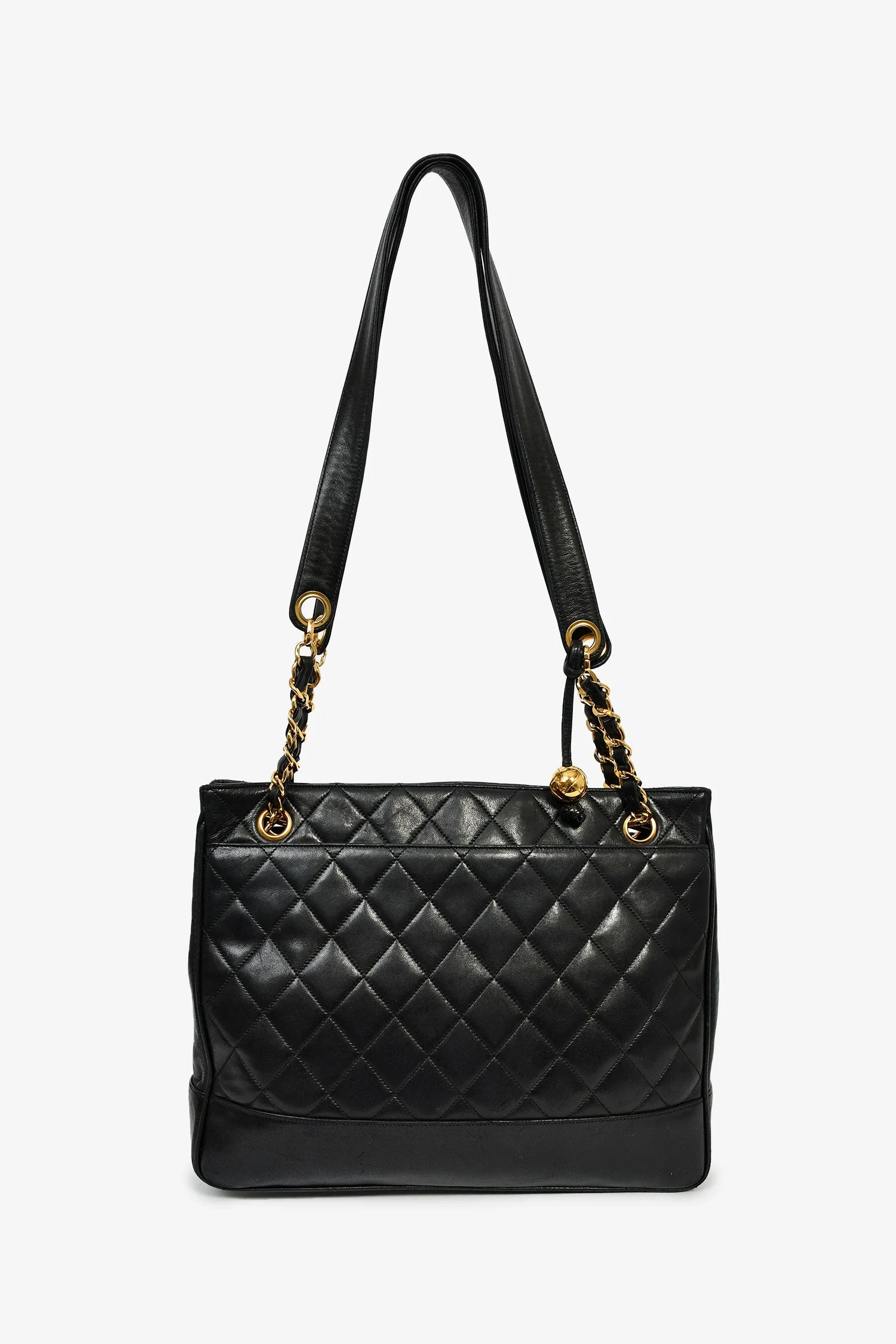 Pre-Loved Chanel™ 1994-96 Vintage Black Lambskin Quilted Chain Interlocking CC Charm Tote Bag - Image 7