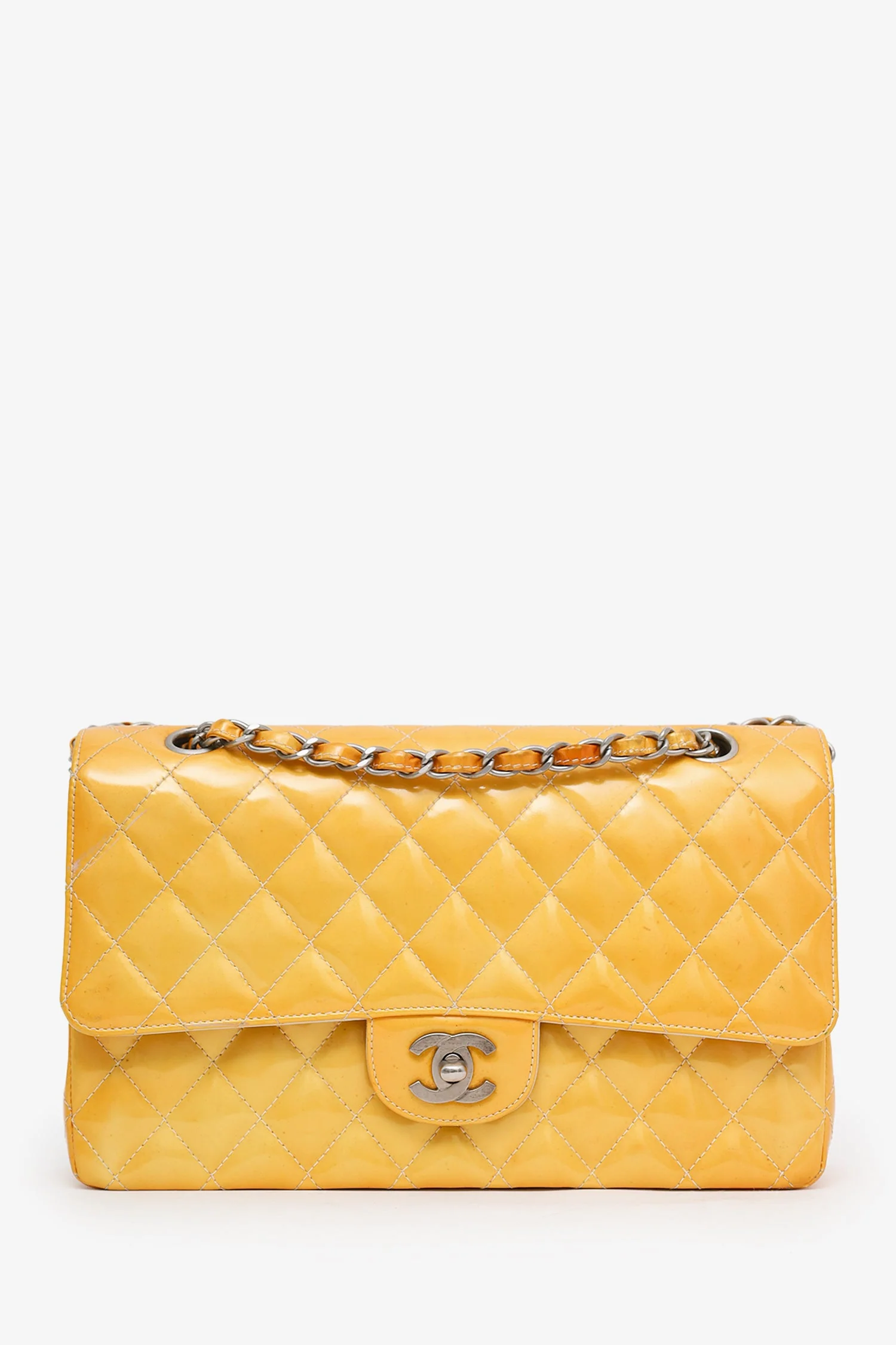 Pre-Loved Chanel™ 2000-2002 Yellow Patent Medium Double Flap Bag
