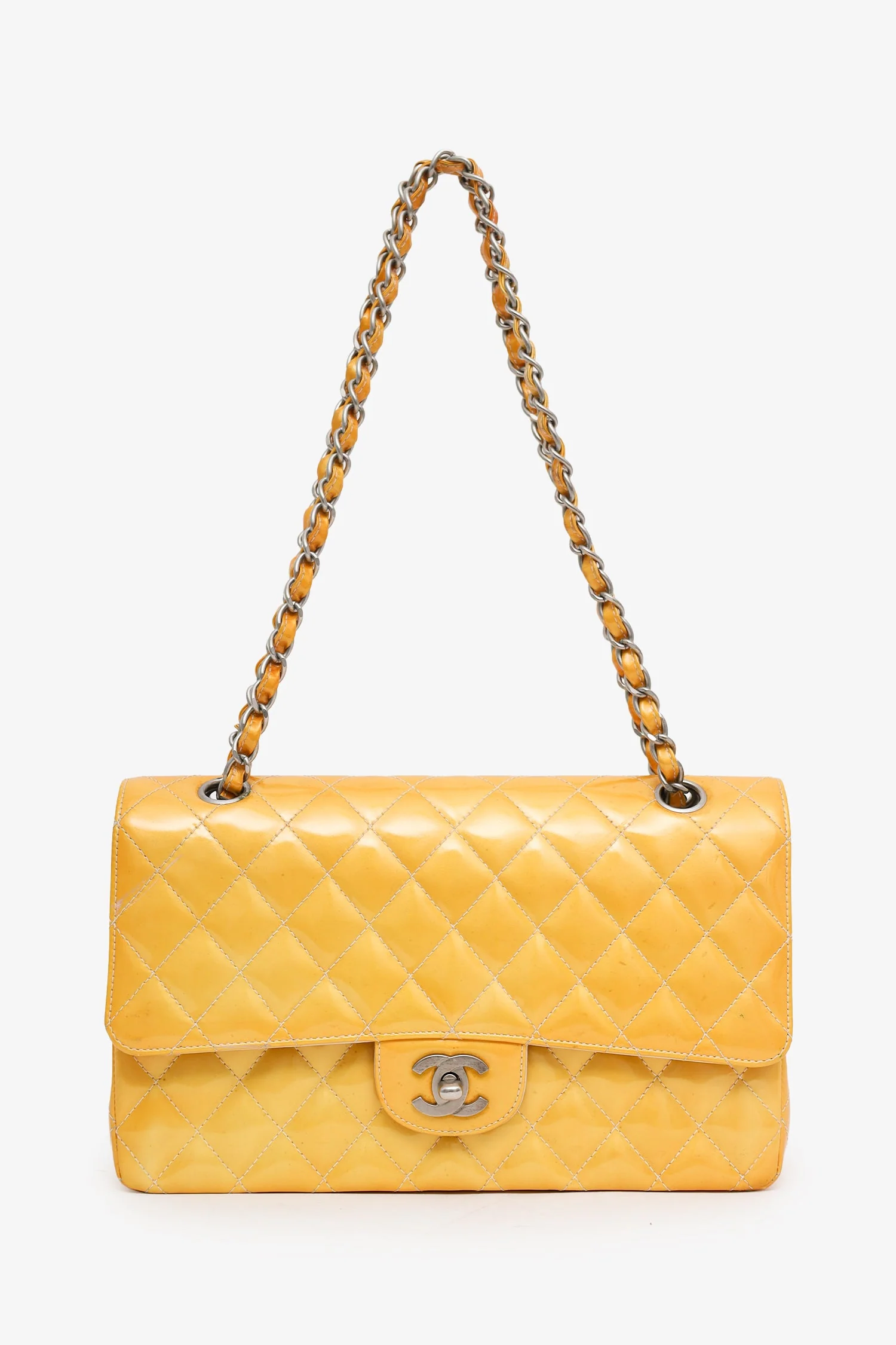 Pre-Loved Chanel™ 2000-2002 Yellow Patent Medium Double Flap Bag - Image 10