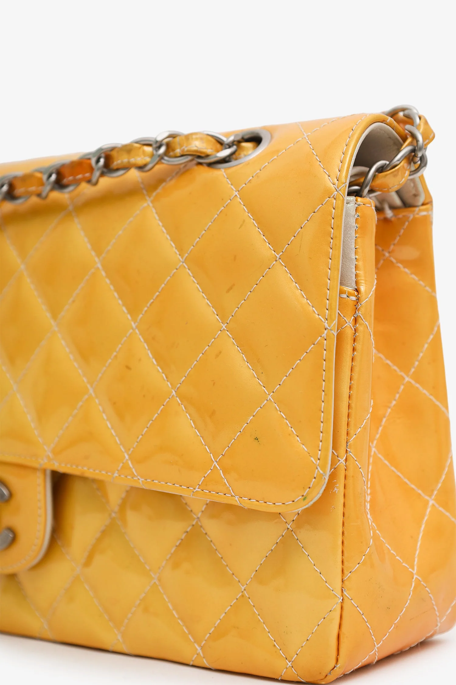 Pre-Loved Chanel™ 2000-2002 Yellow Patent Medium Double Flap Bag - Image 9