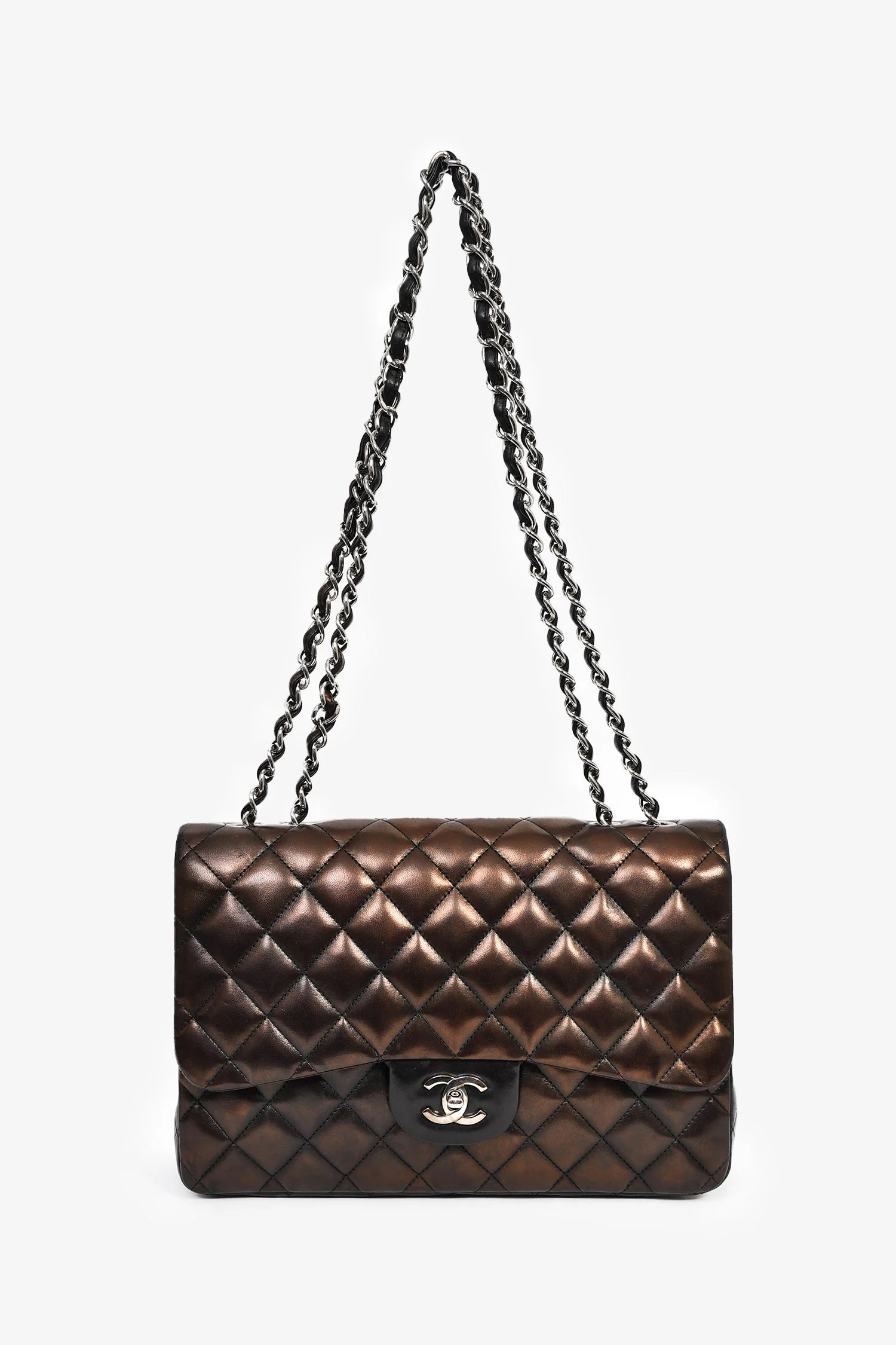 Pre-Loved Chanel™ 2009/2010 Brown/Black Lambskin Leather Metallic Single Flap Jumbo Bag - Image 7