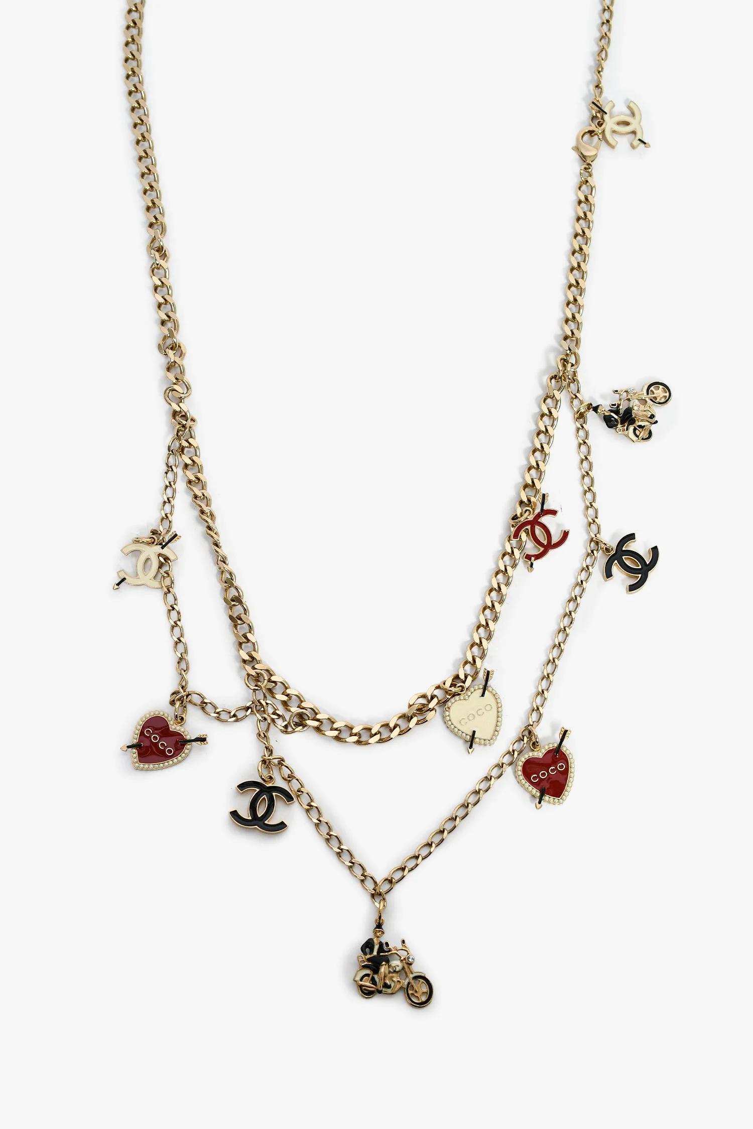 Pre-Loved Chanel™ 2010 Gold Toned Black/White/Red Enamel 'Coco Rider' Charm Chain Belt