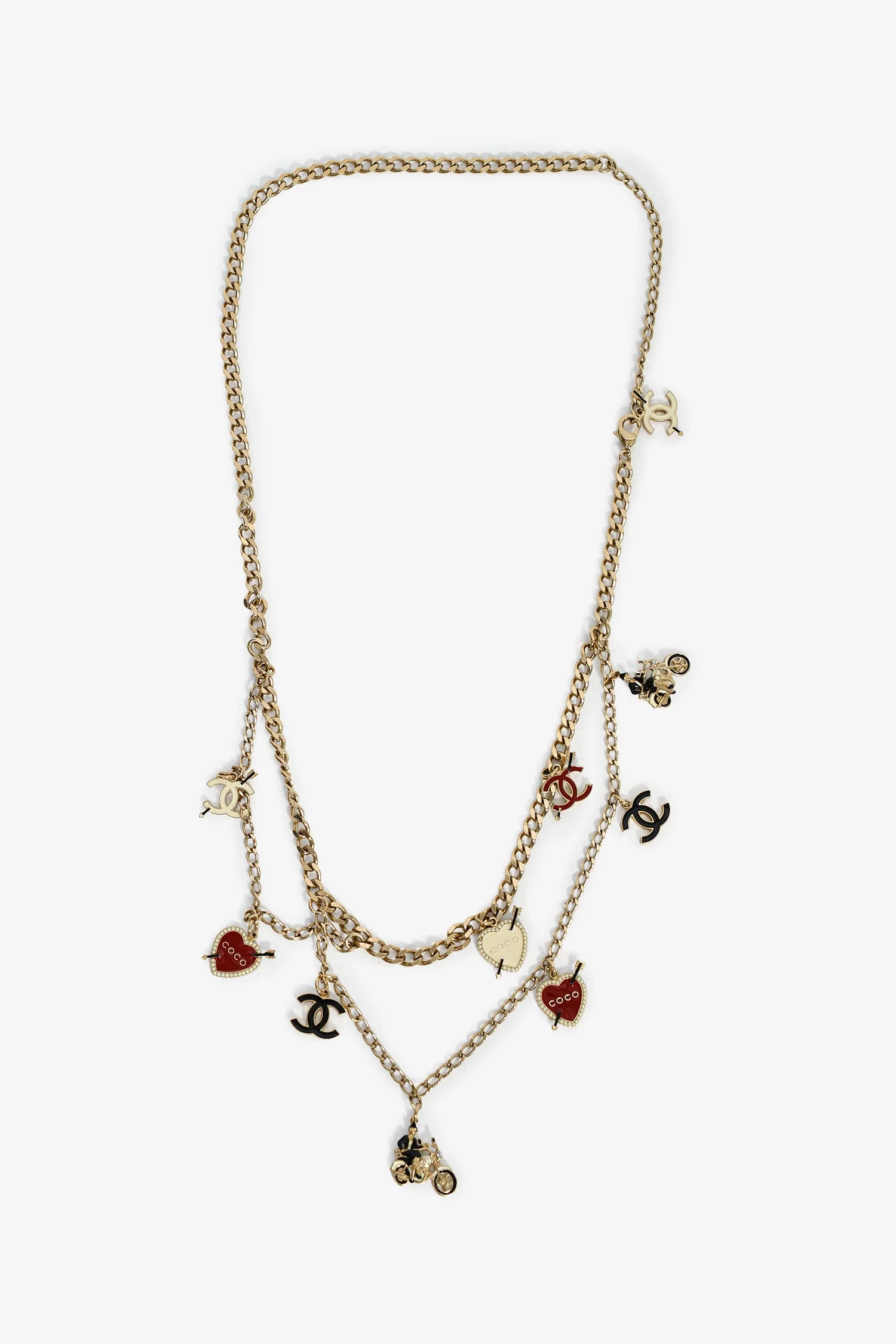 Pre-Loved Chanel™ 2010 Gold Toned Black/White/Red Enamel 'Coco Rider' Charm Chain Belt - Image 2