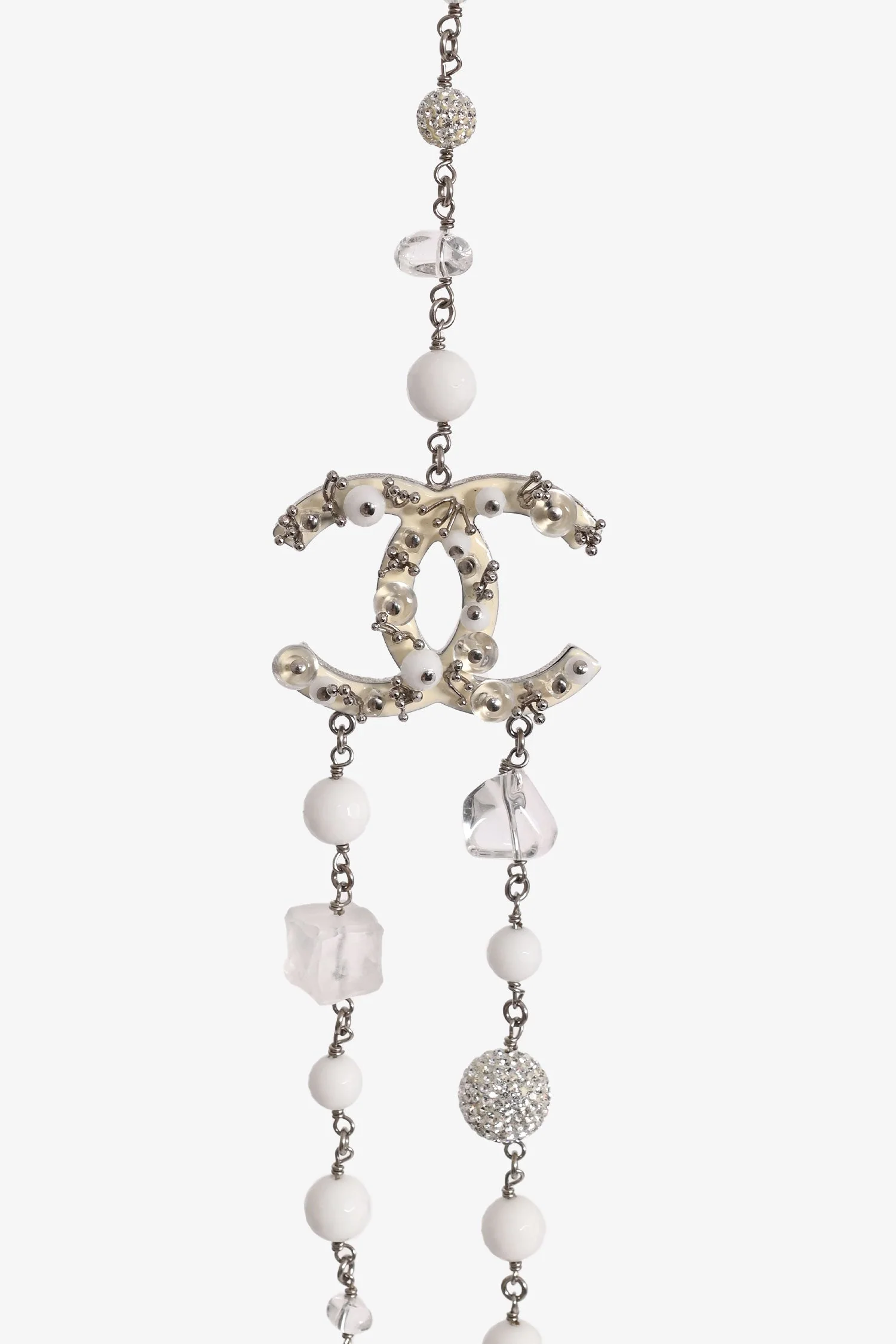 Pre-Loved Chanel™ 2010 Silver Tone Metal/White Bead/Crystal Embellished CC Necklace - Image 2