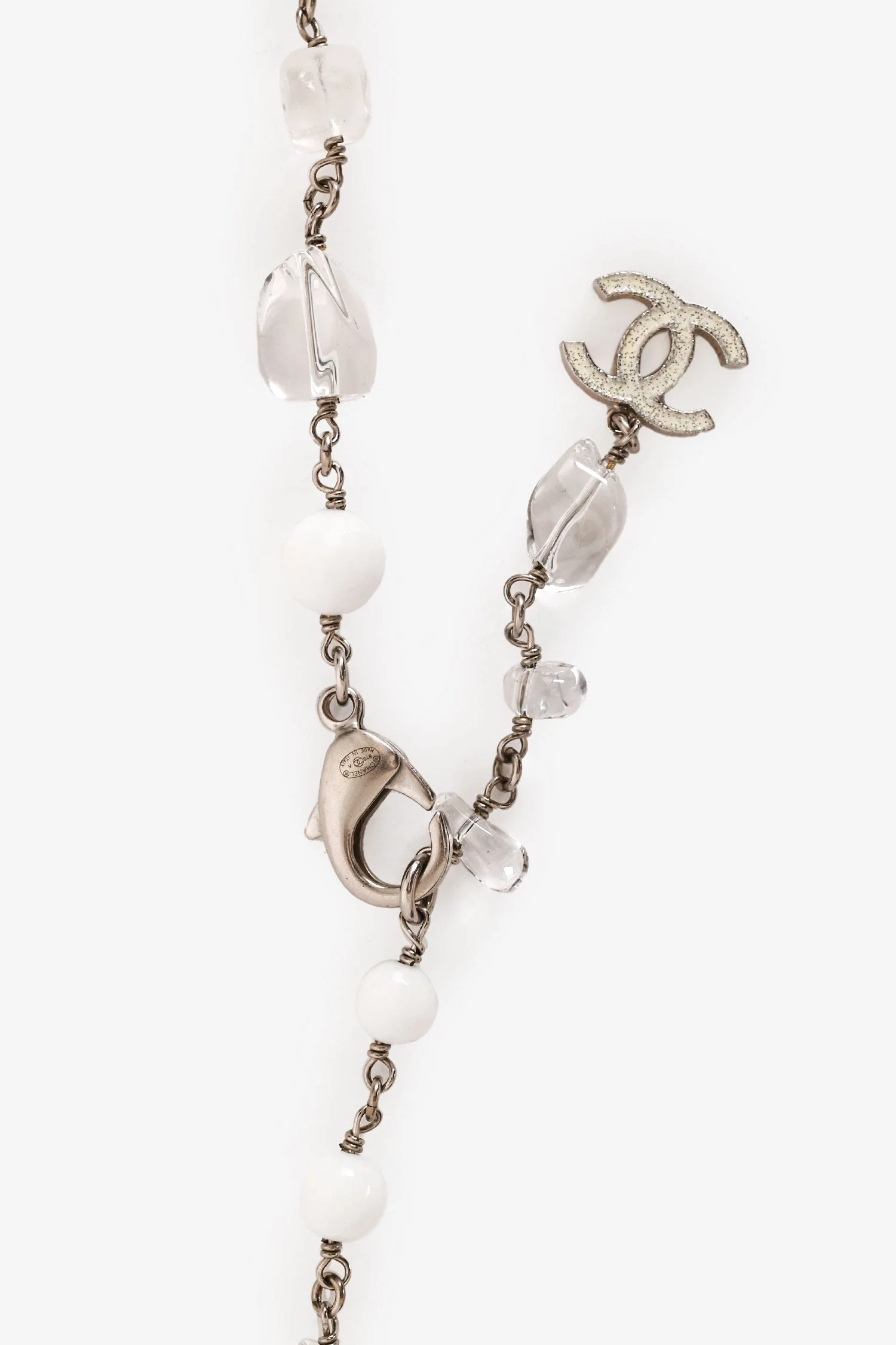 Pre-Loved Chanel™ 2010 Silver Tone Metal/White Bead/Crystal Embellished CC Necklace - Image 3