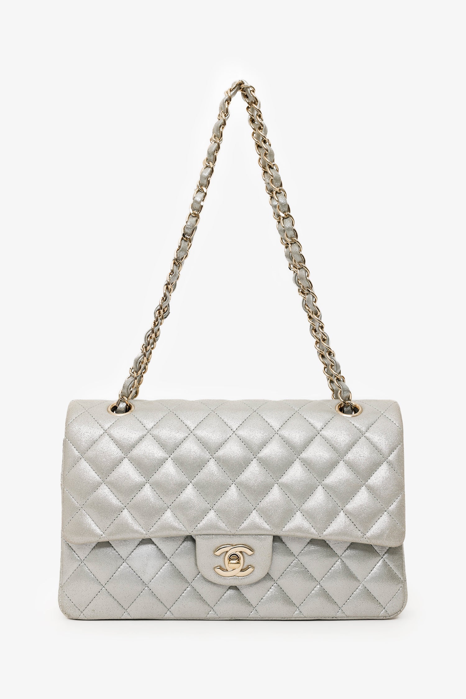 Pre-Loved Chanel™ 2011-12 Silver Metallic Fabric Small Classic Double Flap Bag - Image 7