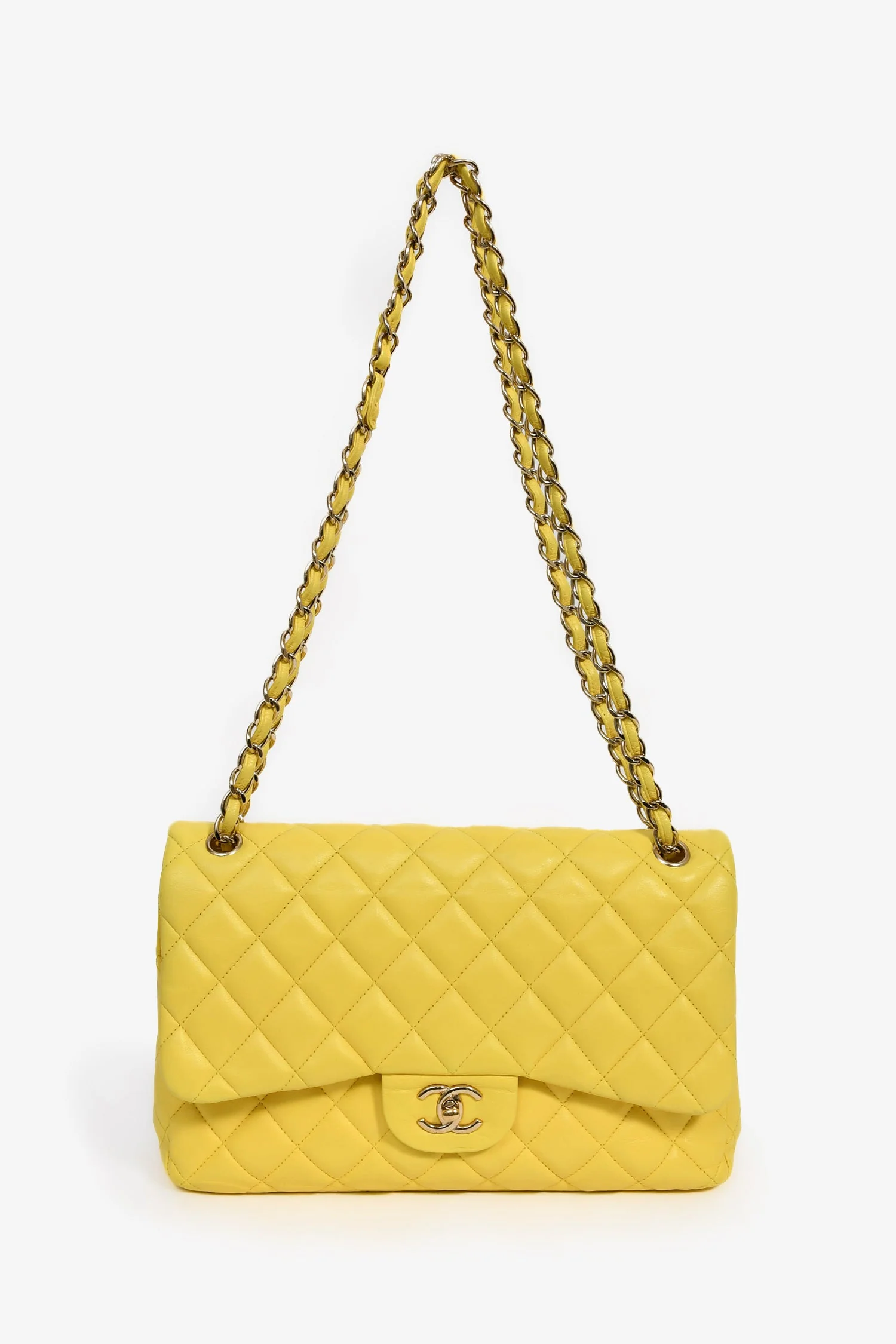 Pre-Loved Chanel™ 2011-12 Yellow Lambskin Yellow Jumbo Double Flap Shoulder Bag - Image 7
